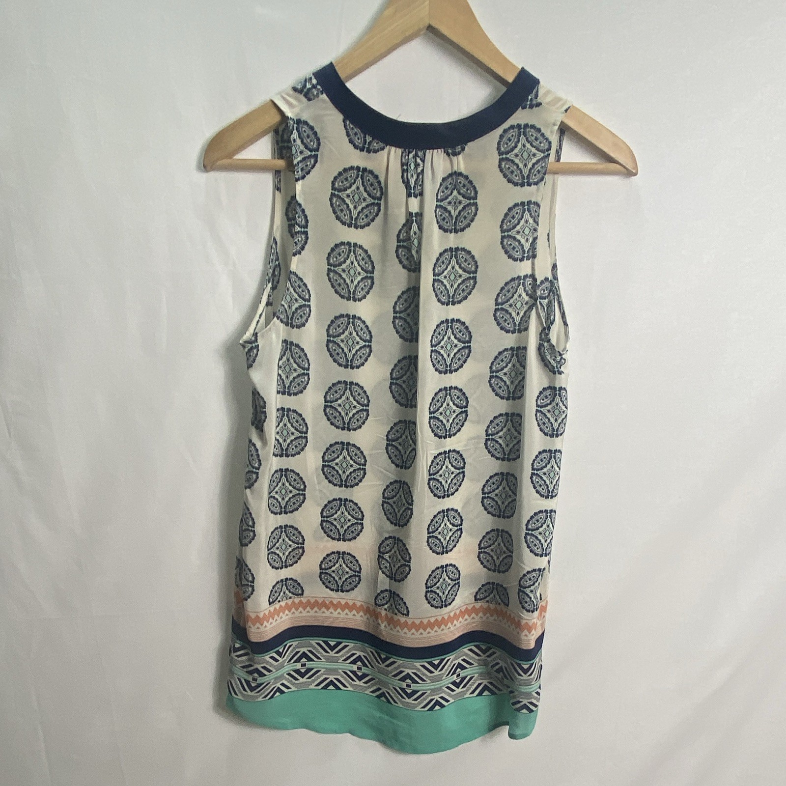 Anthropologie VanessaVirginia Women’s XS Ivory Navy Green Geometric Silk Blouse