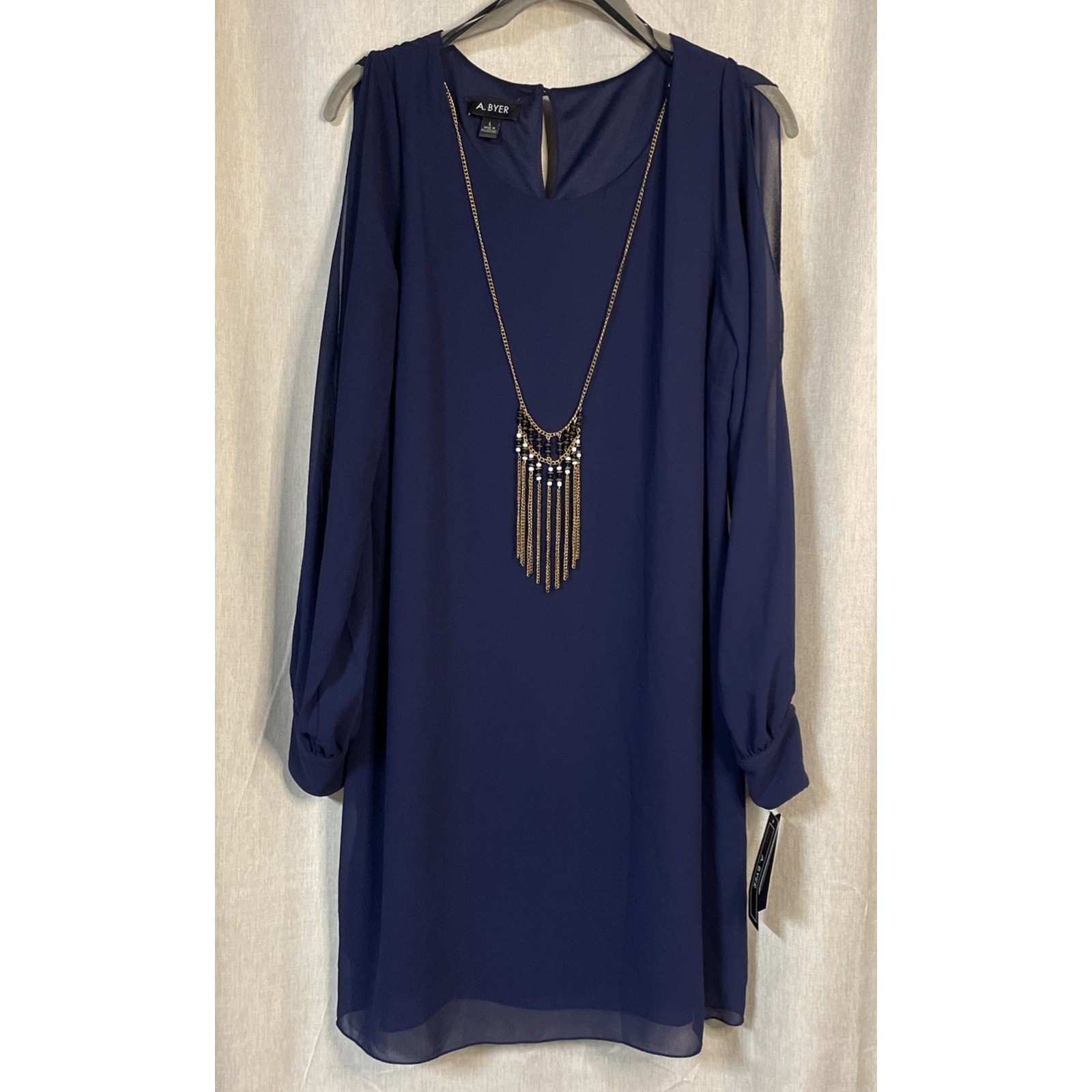 A. Buyer Navy Knee Length Dress w/Necklace- Cold Shoulder Sheer Sleeve Large NWT