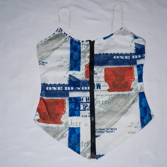 Dollar Bill Corset Crop Top Women’s Small Multicolor Zip Front Clear Strap Y2K