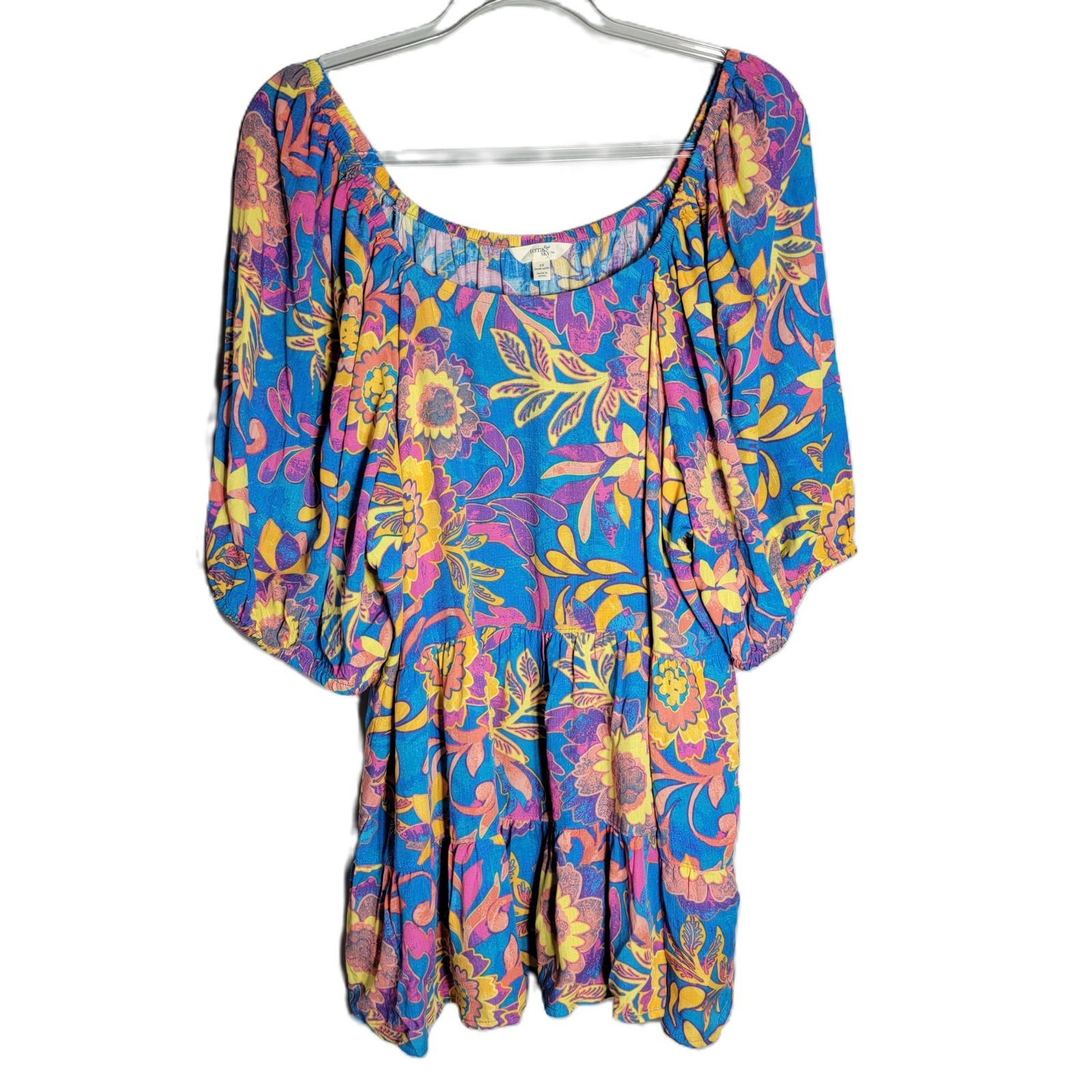 Terra & Sky Plus Size 2X Floral Print Square Neck Tiered Top Blue Yellow Pink
