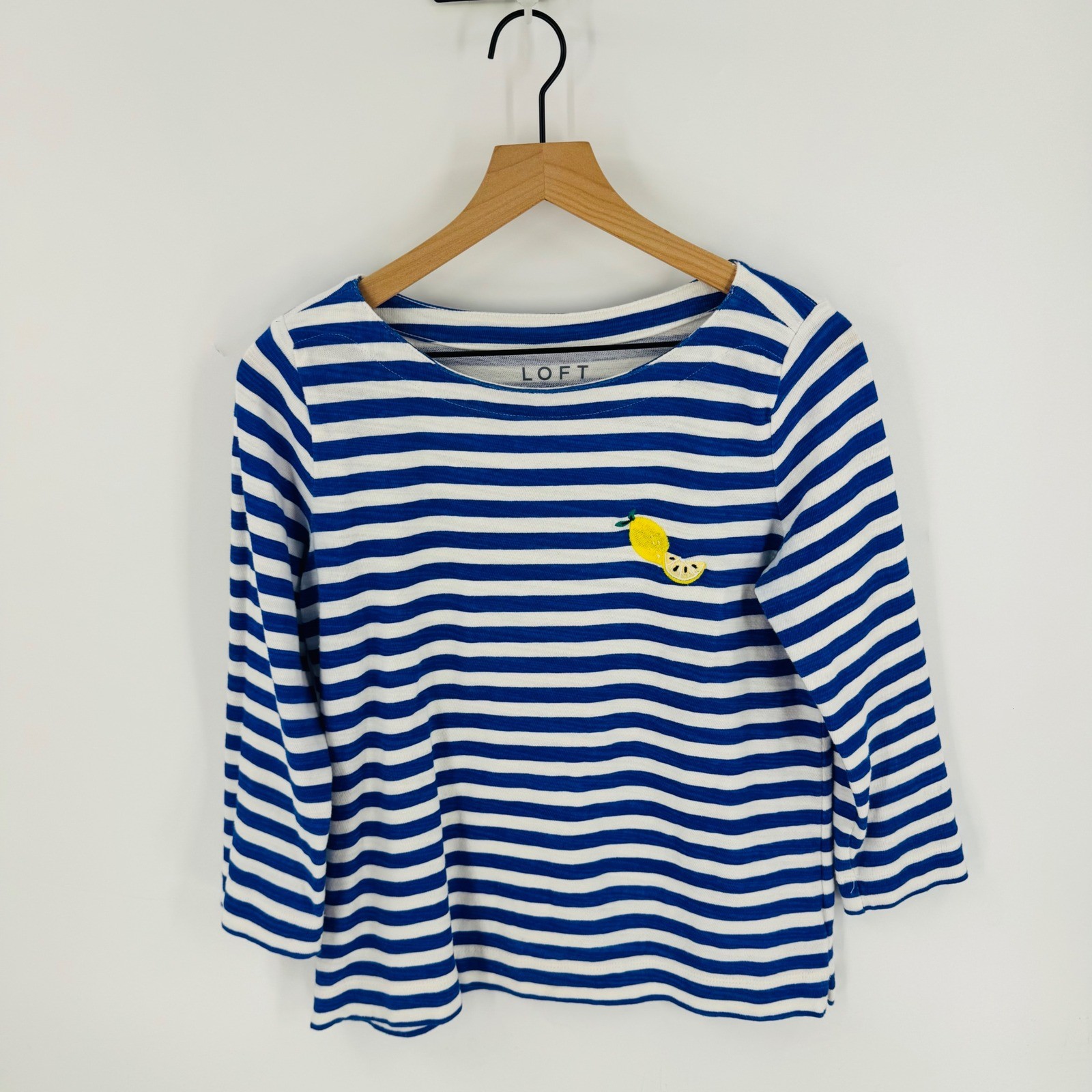 LOFT Blue Striped Embroidered Lemon Boatneck Top Size S Nautical Fruit Coastal