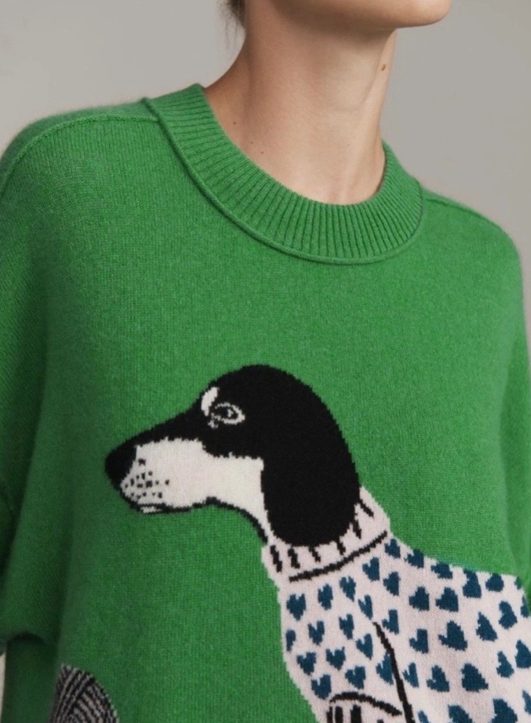 Anthropologie Goldie Crew-Neck Cashmere Sweater Green Dachshund XL NWT