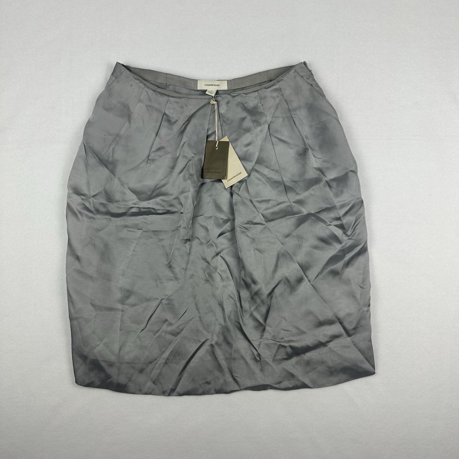 Country Road NWT Women’s Satin Tucked Skirt Size 12 W30″ Light Steel Pockets