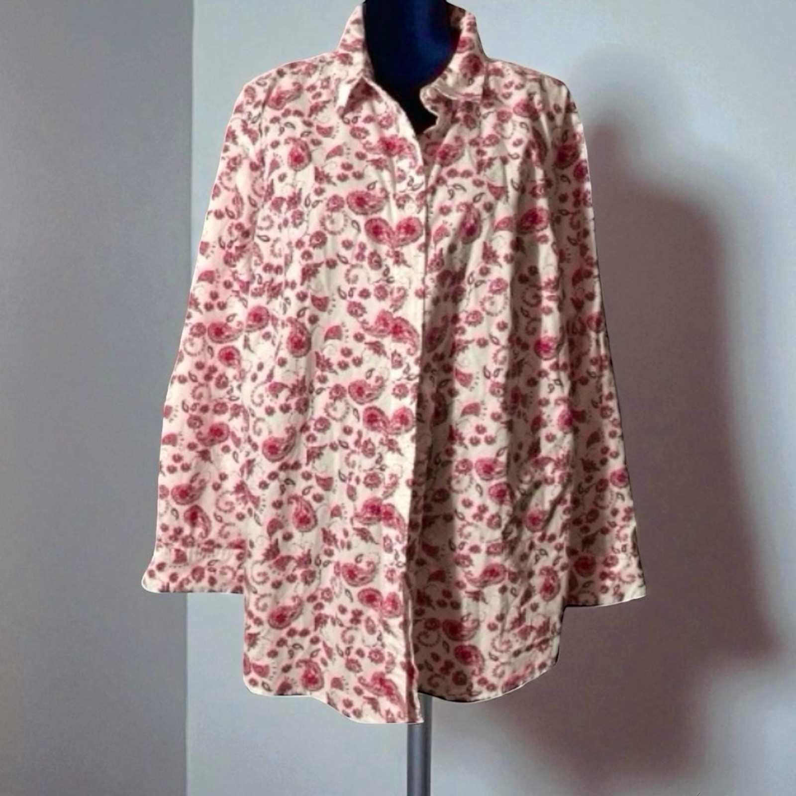Woman Within Button Up Shirt Blouse Pink Floral White Cotton Poly Women’s 3X