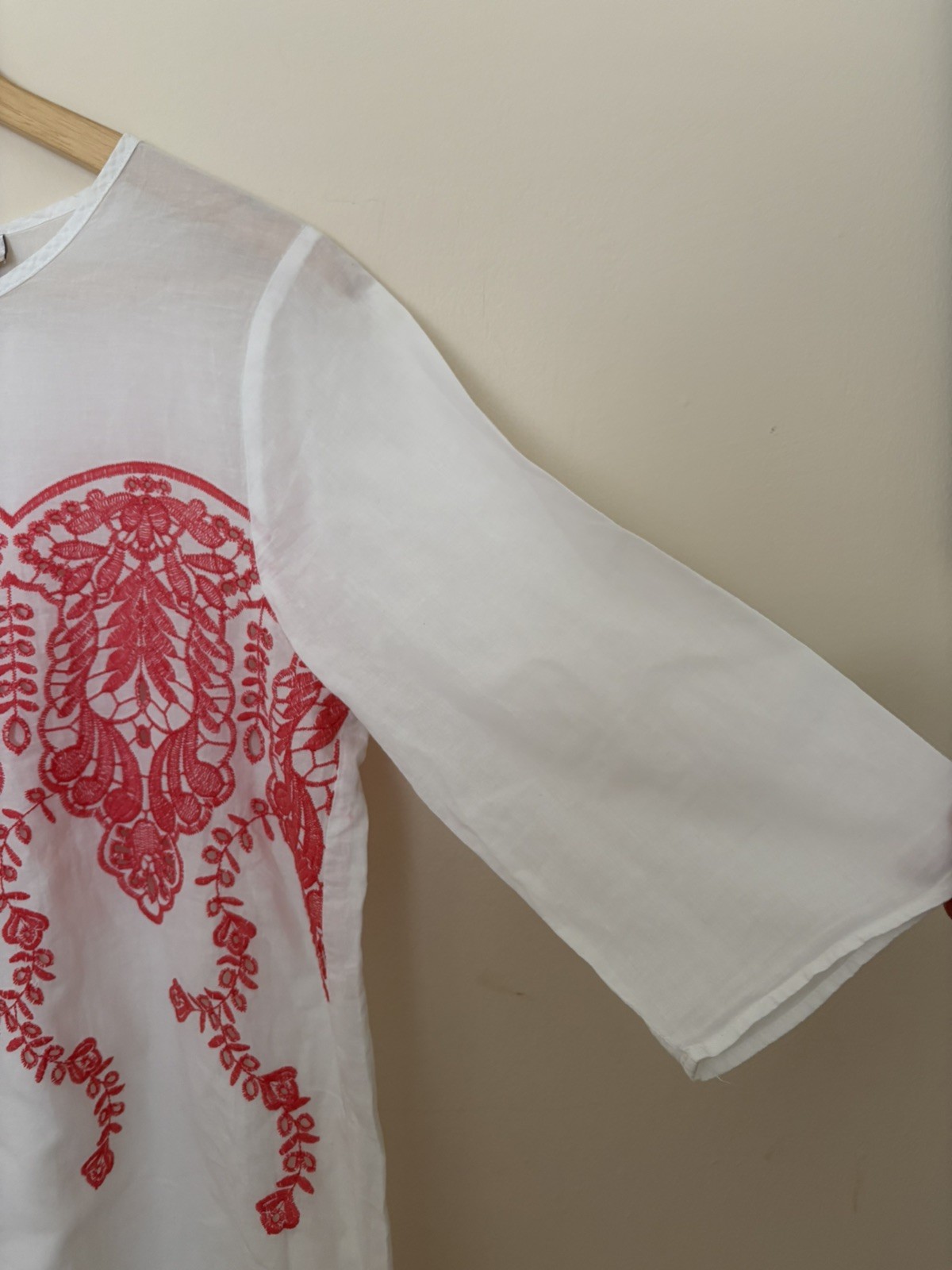 Poetry Women’s White Pink Floral Embroidered Tunic Blouse 3/4 Sleeve size 12