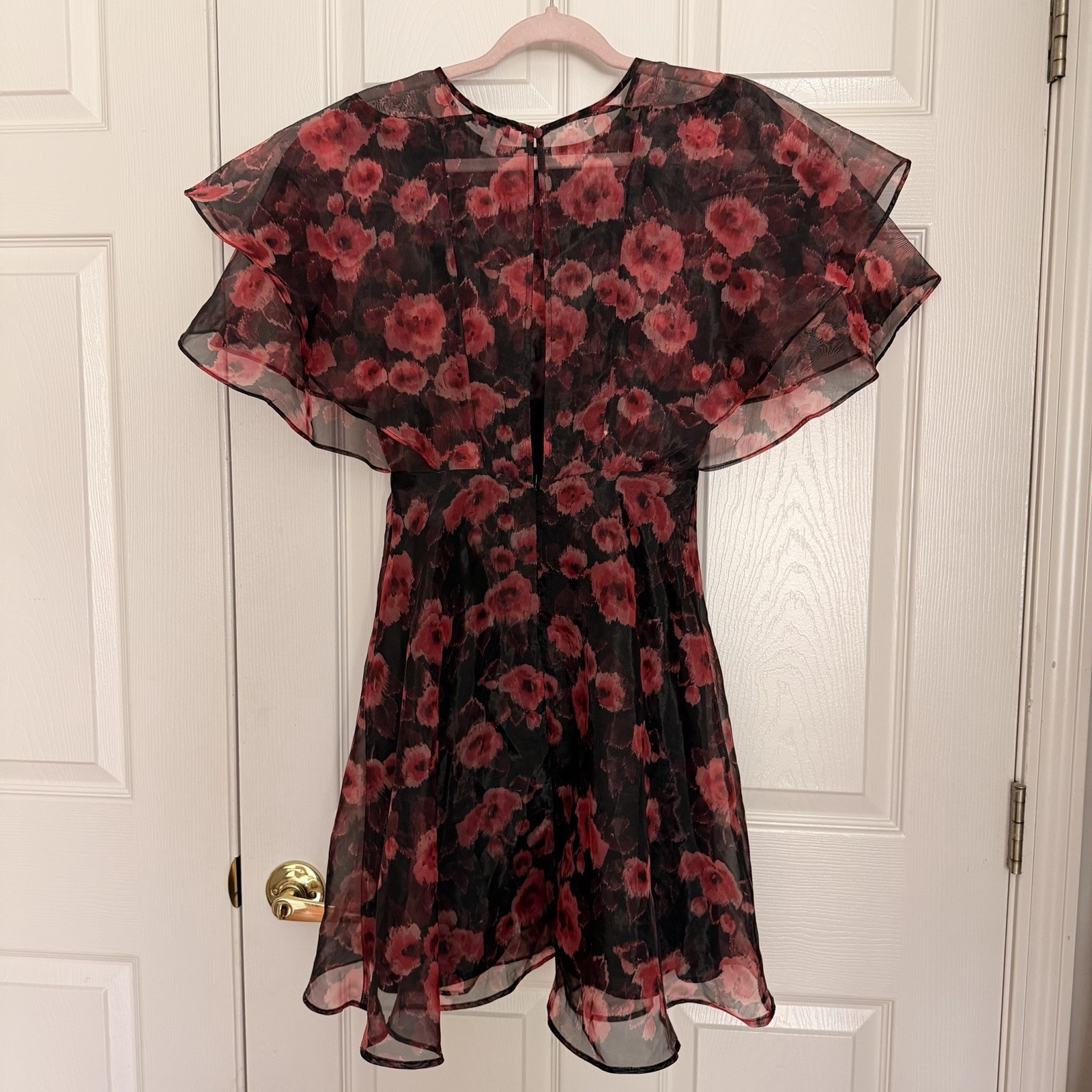 Floral Organza Mini Dress Ruffle Sleeve Open Back Sheer Cocktail Party Sz 2 US