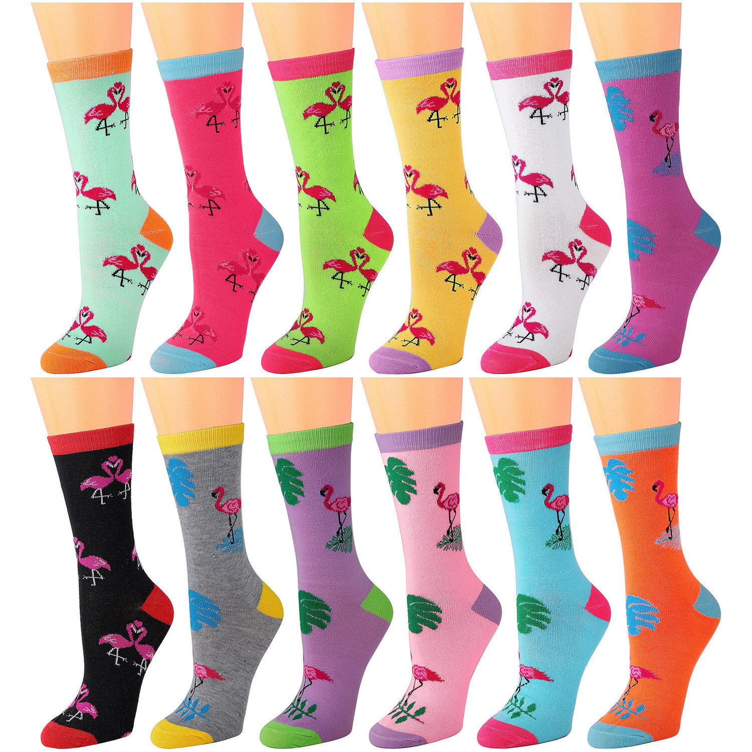 12 Pairs Assorted Multicolor Flamingo Designed Women Cotton Crew Socks 9-11