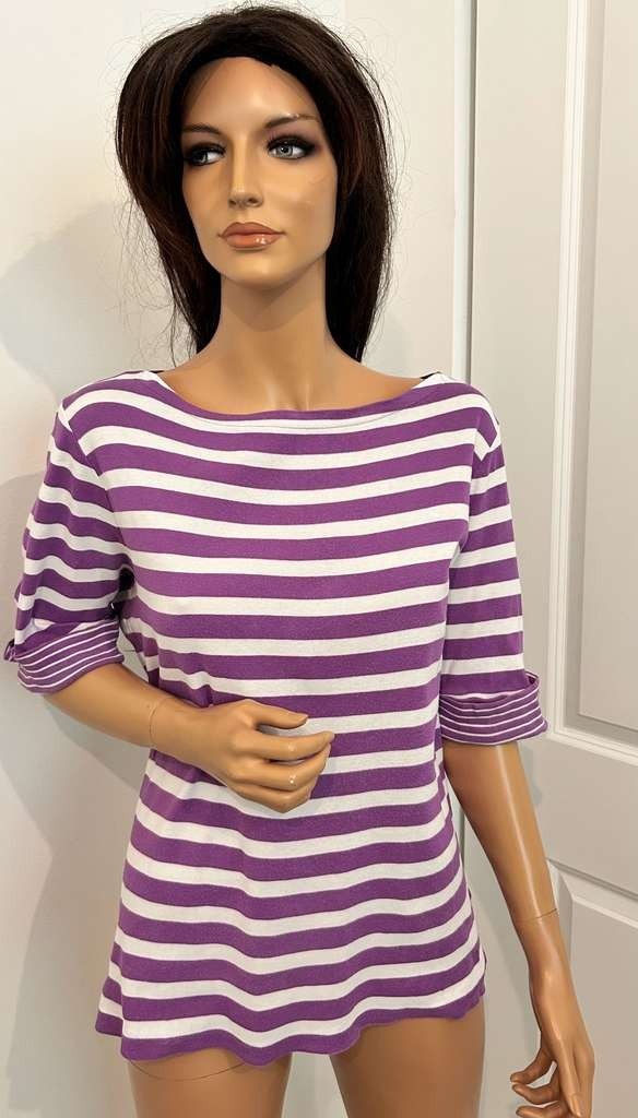 Lauren Ralph Lauren 1X Purple White Striped Boat Neck Top 3/4 Sleeve 100% Cotton