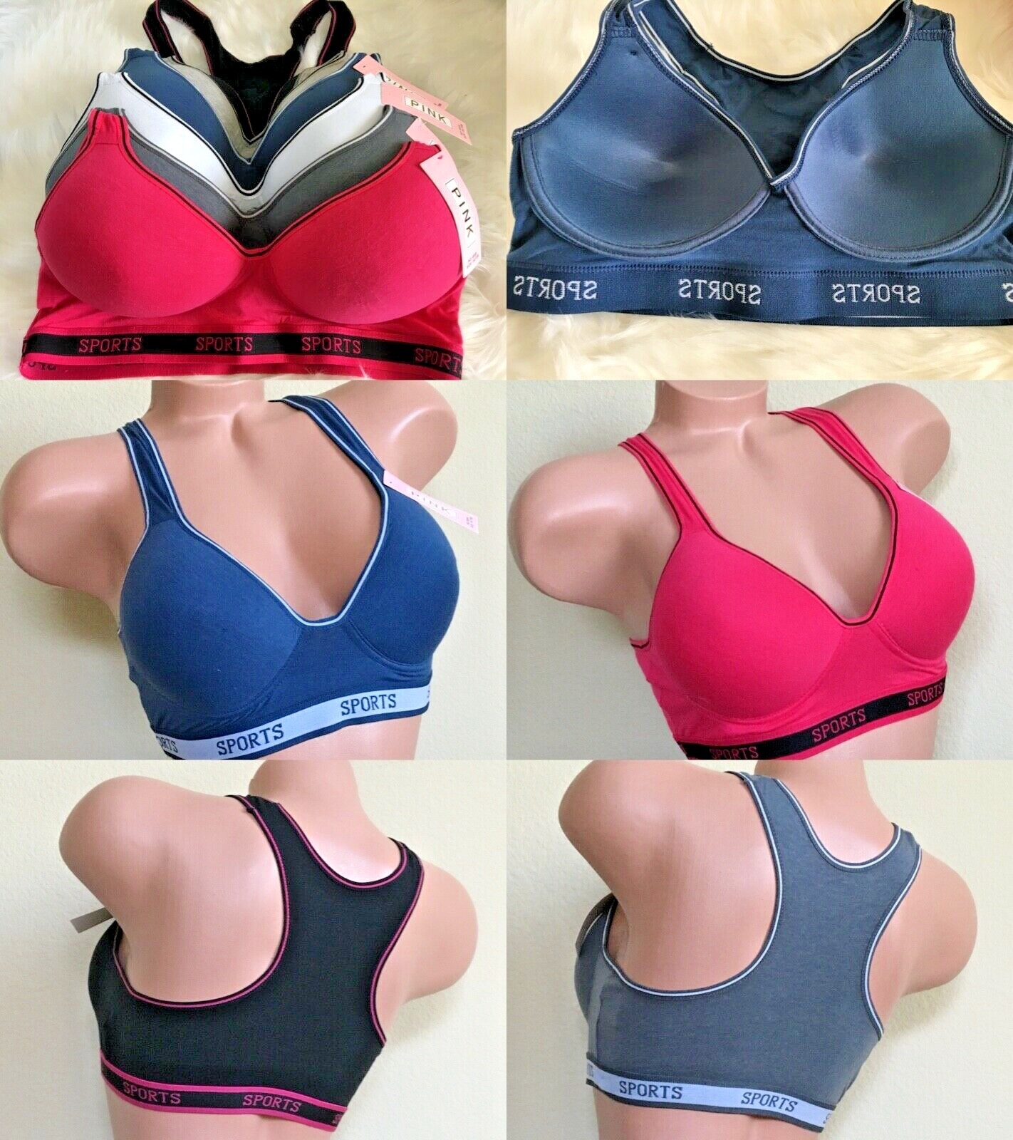 3- 6 Women’s Sports Bras Yoga Racer Back Molded Cup Bra 6648 High impact workout