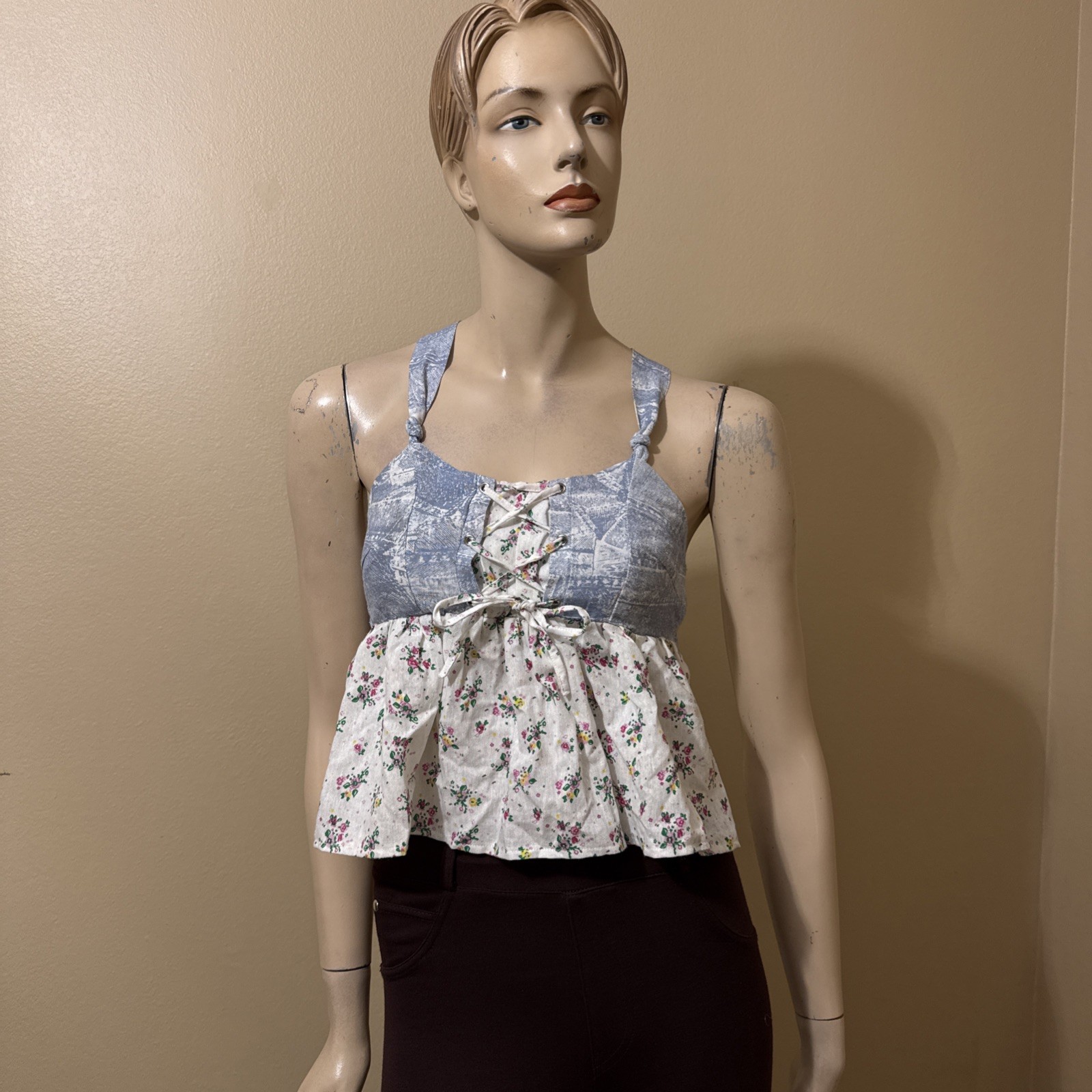 Women’s White Blue Floral Polyester Summer Open Slim Lacing Size S Blouse Top