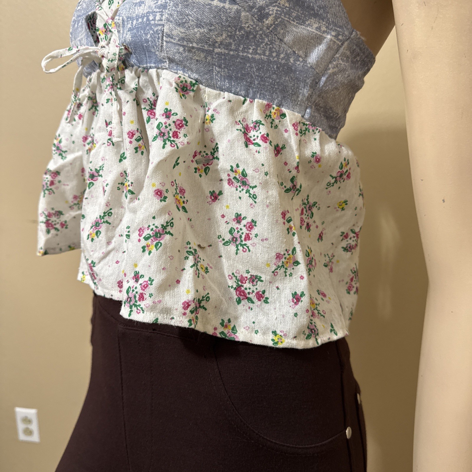 Women’s White Blue Floral Polyester Summer Open Slim Lacing Size S Blouse Top