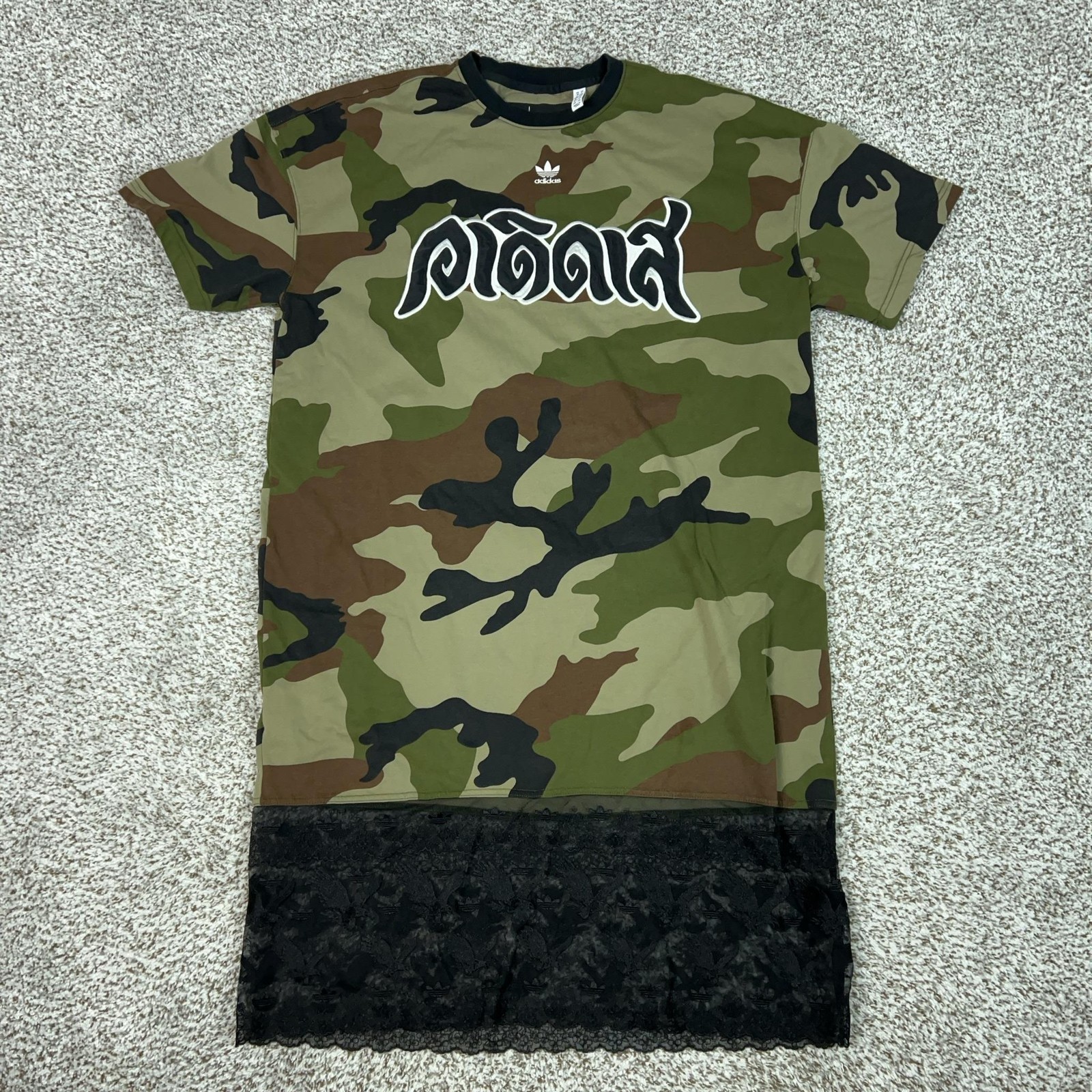 Adidas X Dry Clean Only Dress Womens Large Camo T Shirt Lace Hem Trefoil Street
