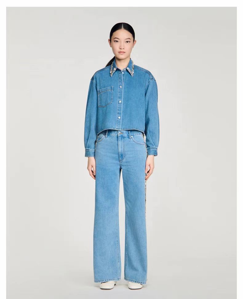 Sandro Women Diamond moulding Denim jacket Coats + Jeans trousers