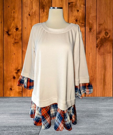 KORI AMERICA Boho Plaid Trim RUFFLE Bell Sleeve Ivory Tunic Top Size MEDIUM