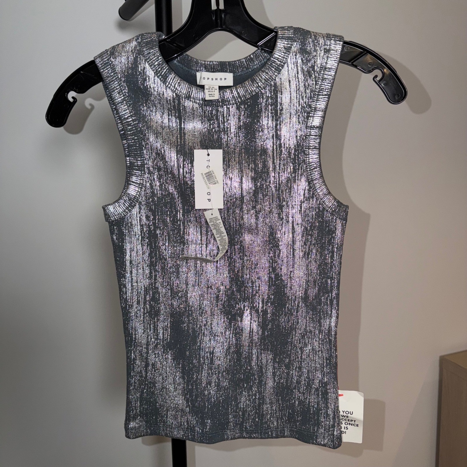 Topshop Womens Metallic Silver Foil Ribbed Knit Tank Top Crew Neck XS NWT