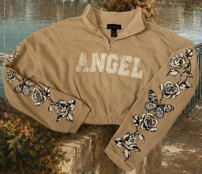 Streetwear Society “Angel” Cropped Sweatshirt Beige Floral Butterfly Graphic
