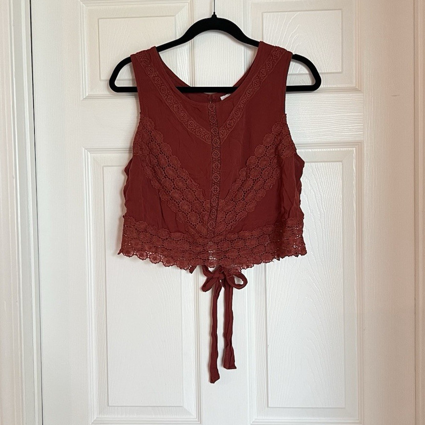 Self Esteem Women’s Brown Lace Tie Front Cropped Tank Top, XL Regular