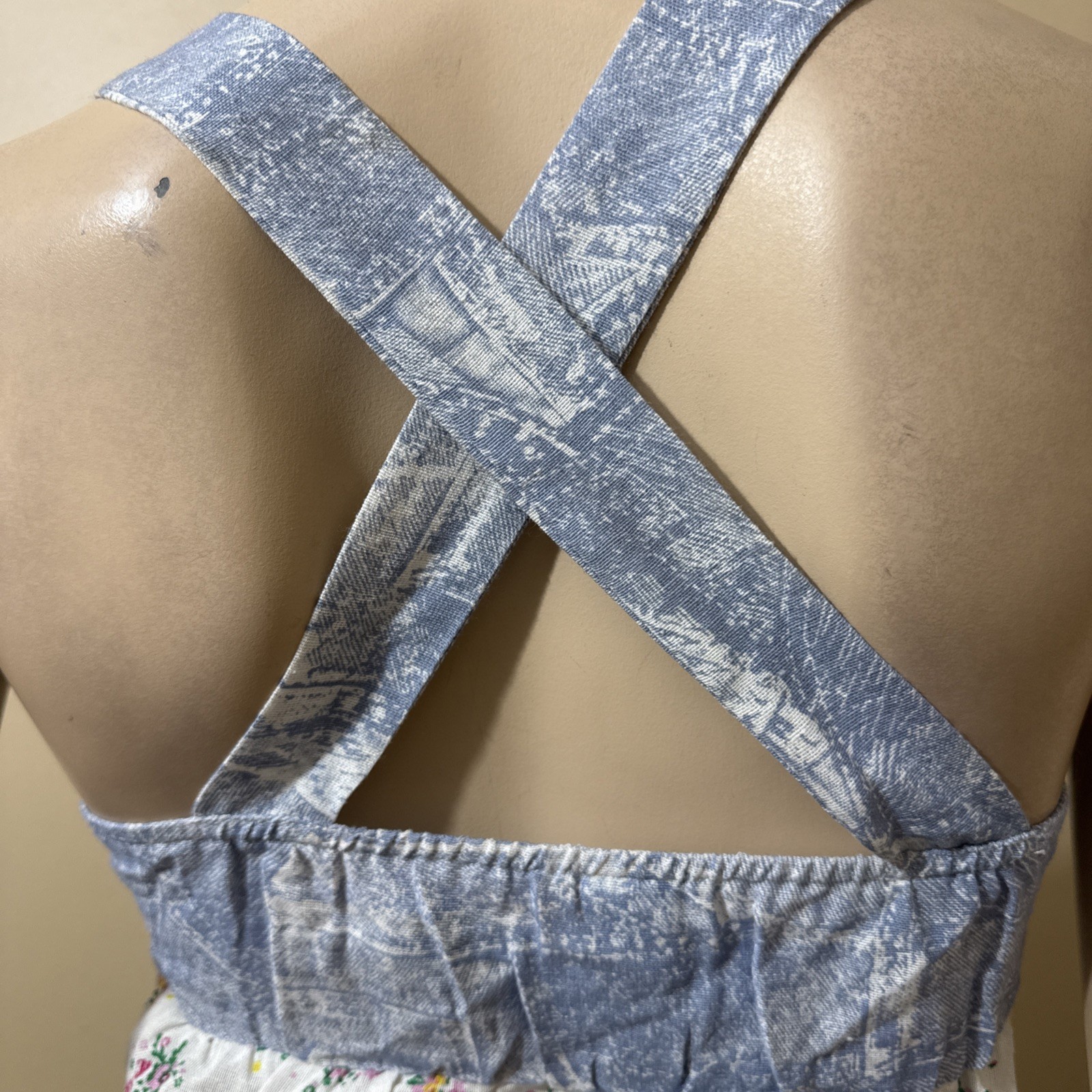 Women’s White Blue Floral Polyester Summer Open Slim Lacing Size S Blouse Top