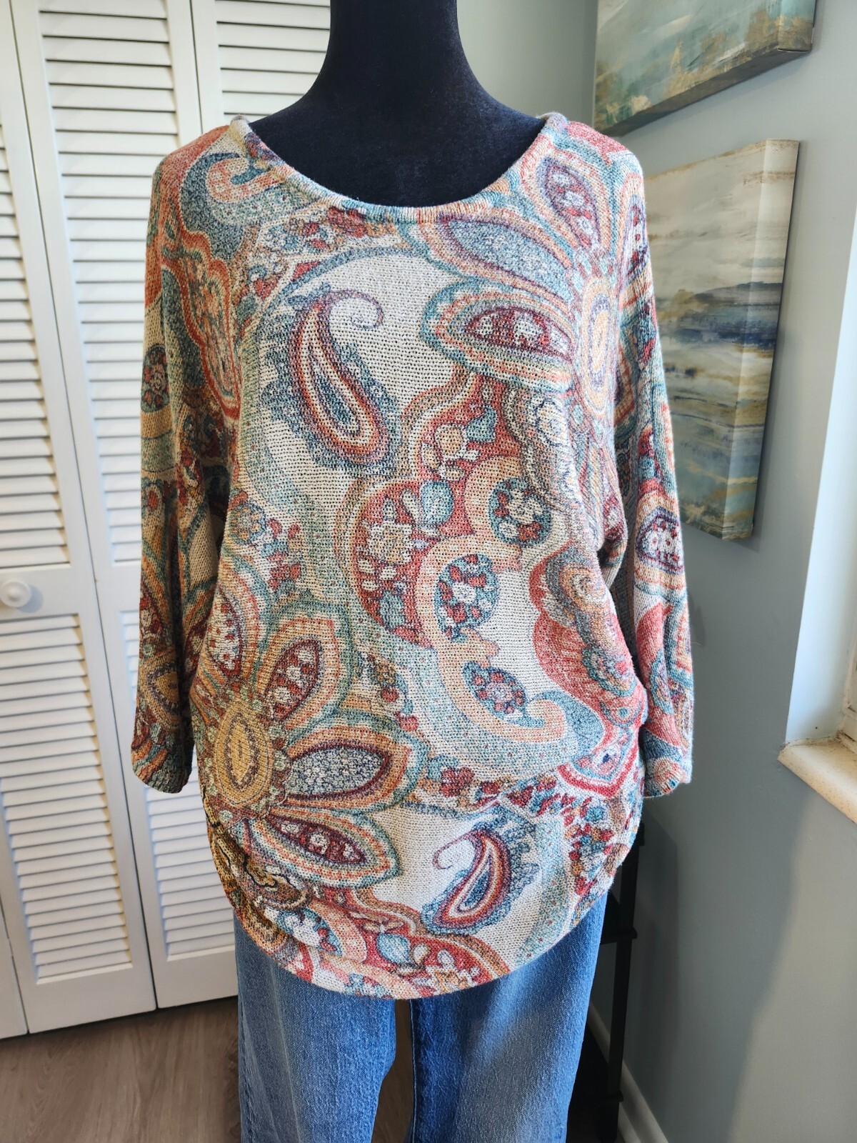Chico’s Paisley Sweater Large Open Back Colorful Coastal Old Money Resortwear