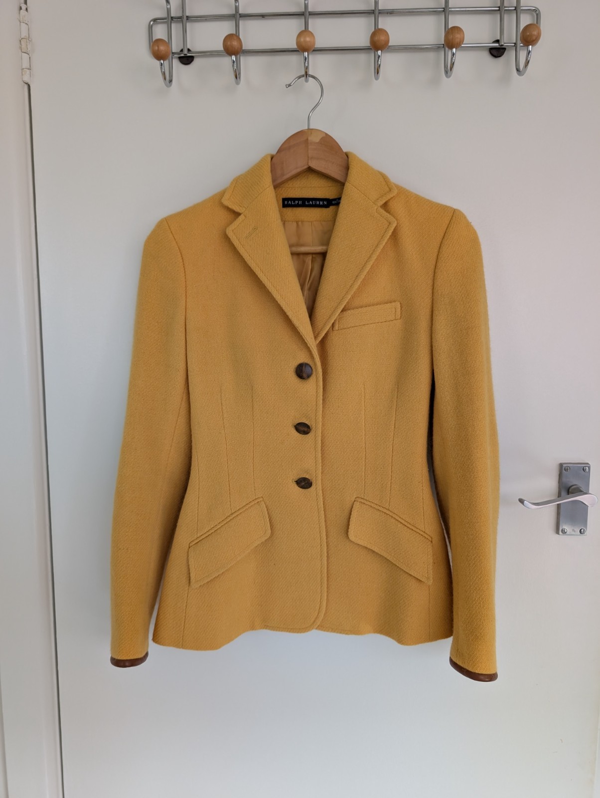 Ralph Lauren Herringbone Mustard Yellow Blazer Size 0 Leather Trim & Elbow patch
