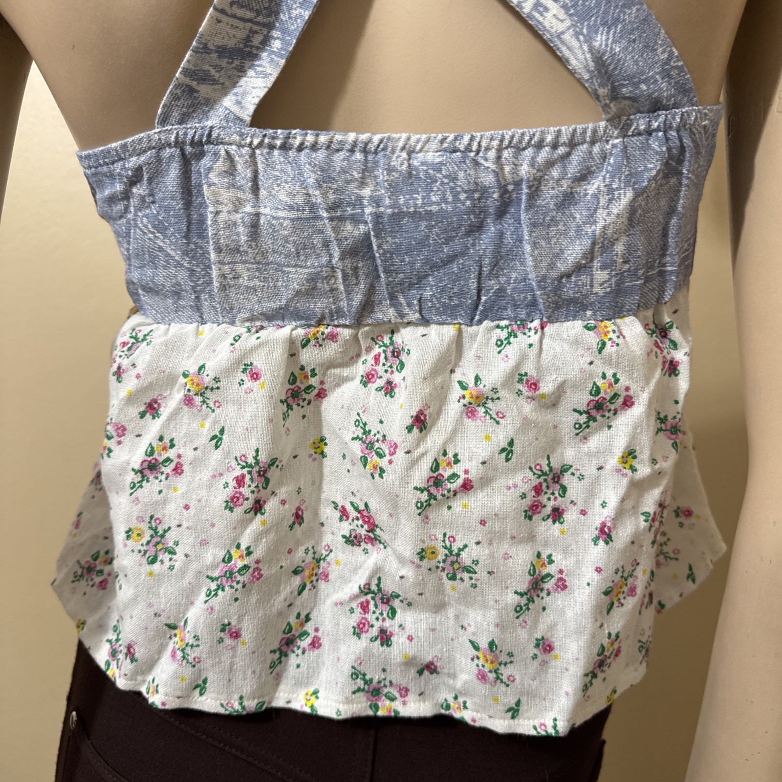 Women’s White Blue Floral Polyester Summer Open Slim Lacing Size S Blouse Top