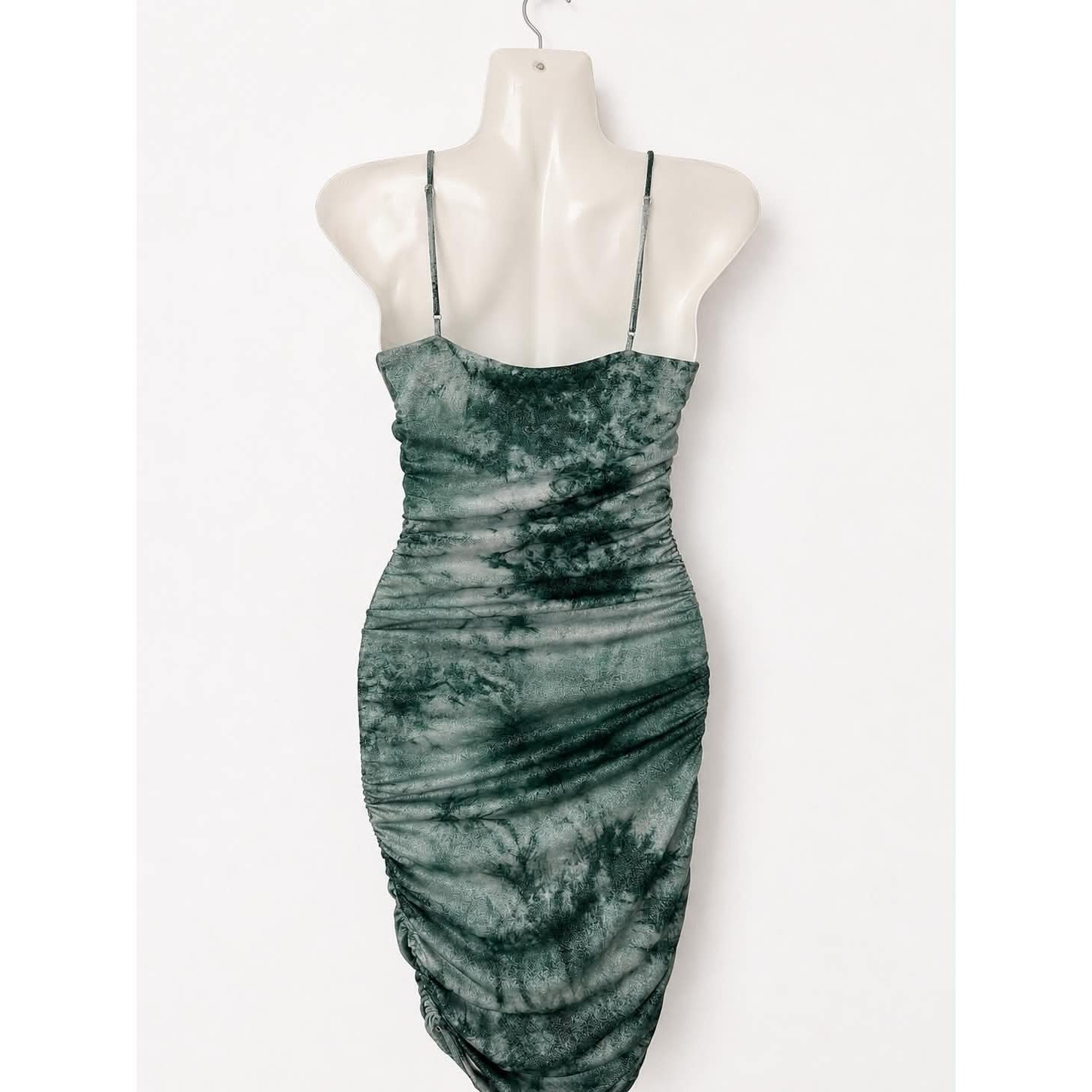 Guess XS Green Shimmer Ruched Bodycon Midi Dress Adjustable Straps