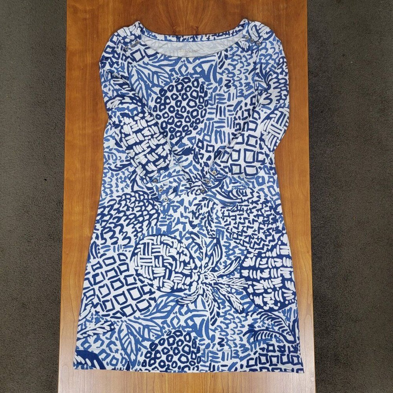 Lilly Pulitzer Indigo Home Slice Pineapple Print Dress Gold Button Detail – L