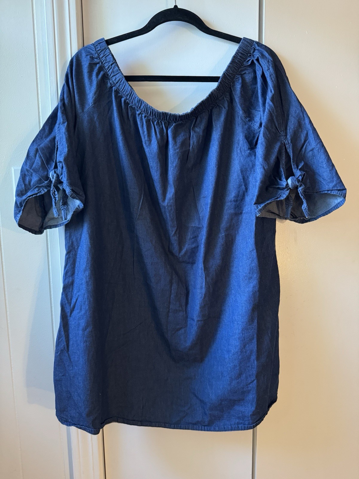 New Look Blue Off Shoulder Denim Cotton Tie Sleeve Peasant Blouse 1X Plus