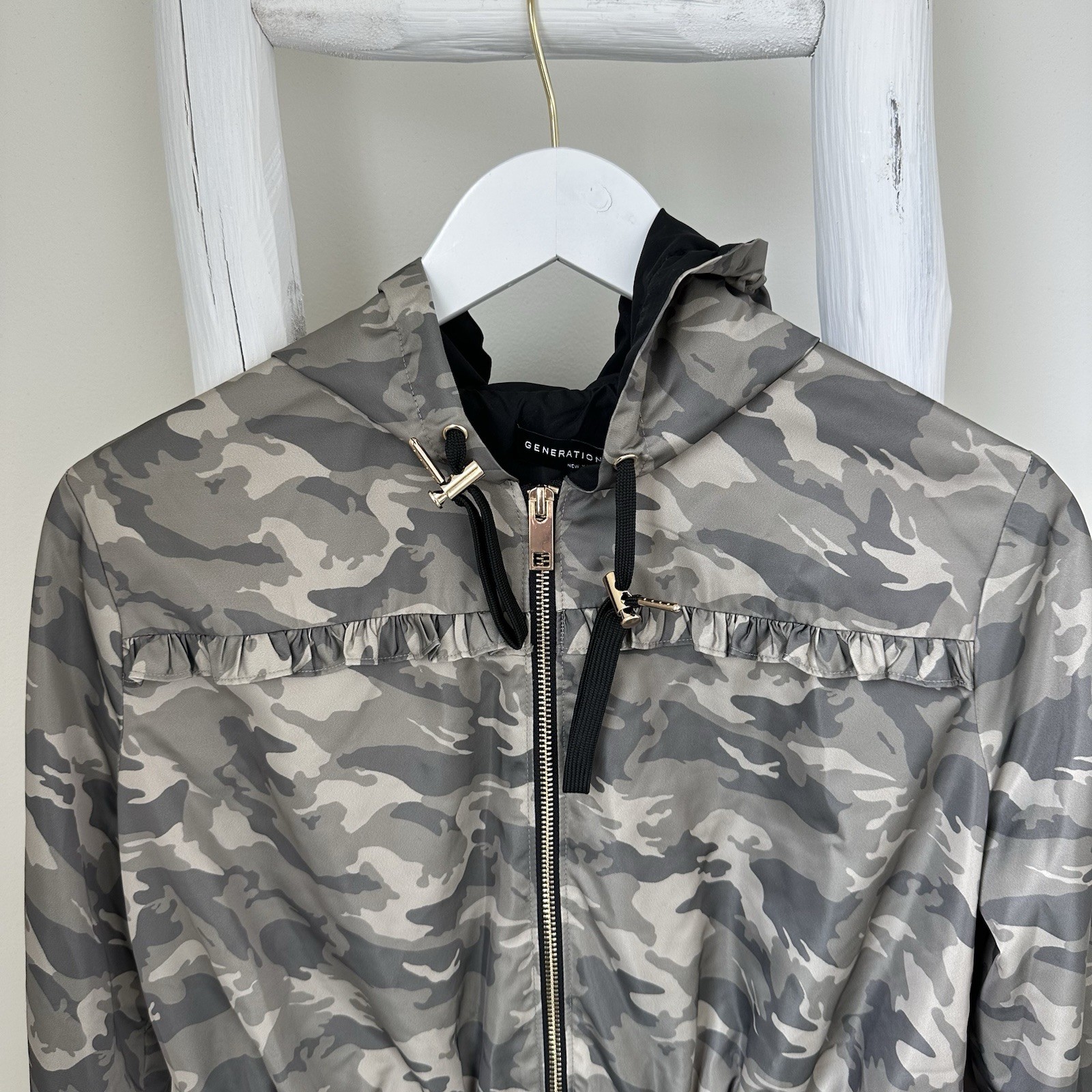 Generation Love Barron Windbreaker Gray Camo Hooded Full Zip Jacket Pockets M