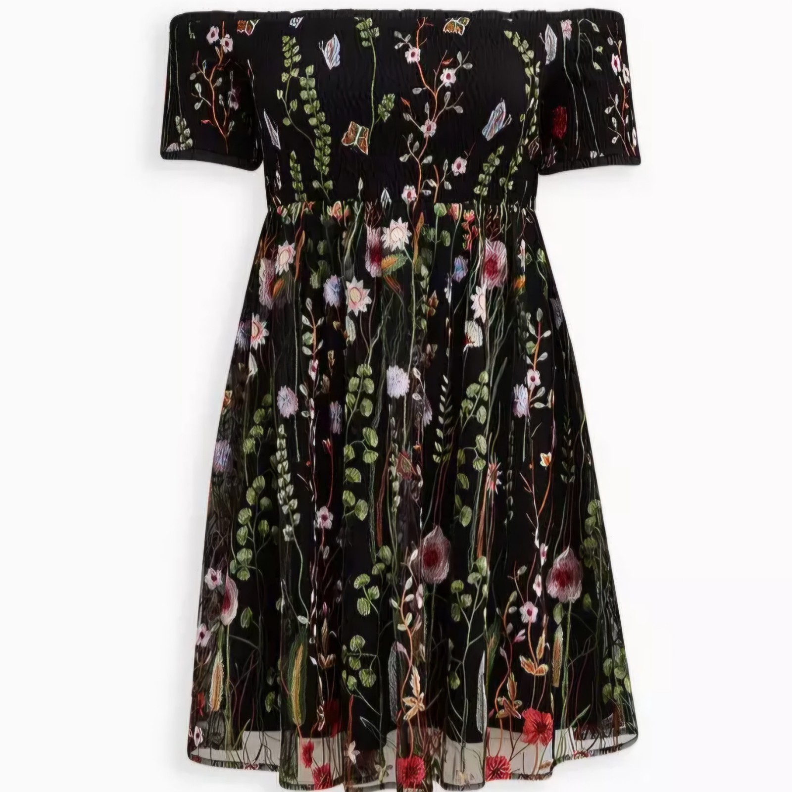 Torrid 1 1X 14-16 Black Embroidered Floral Lined Mesh Skater Dress Off Shoulder