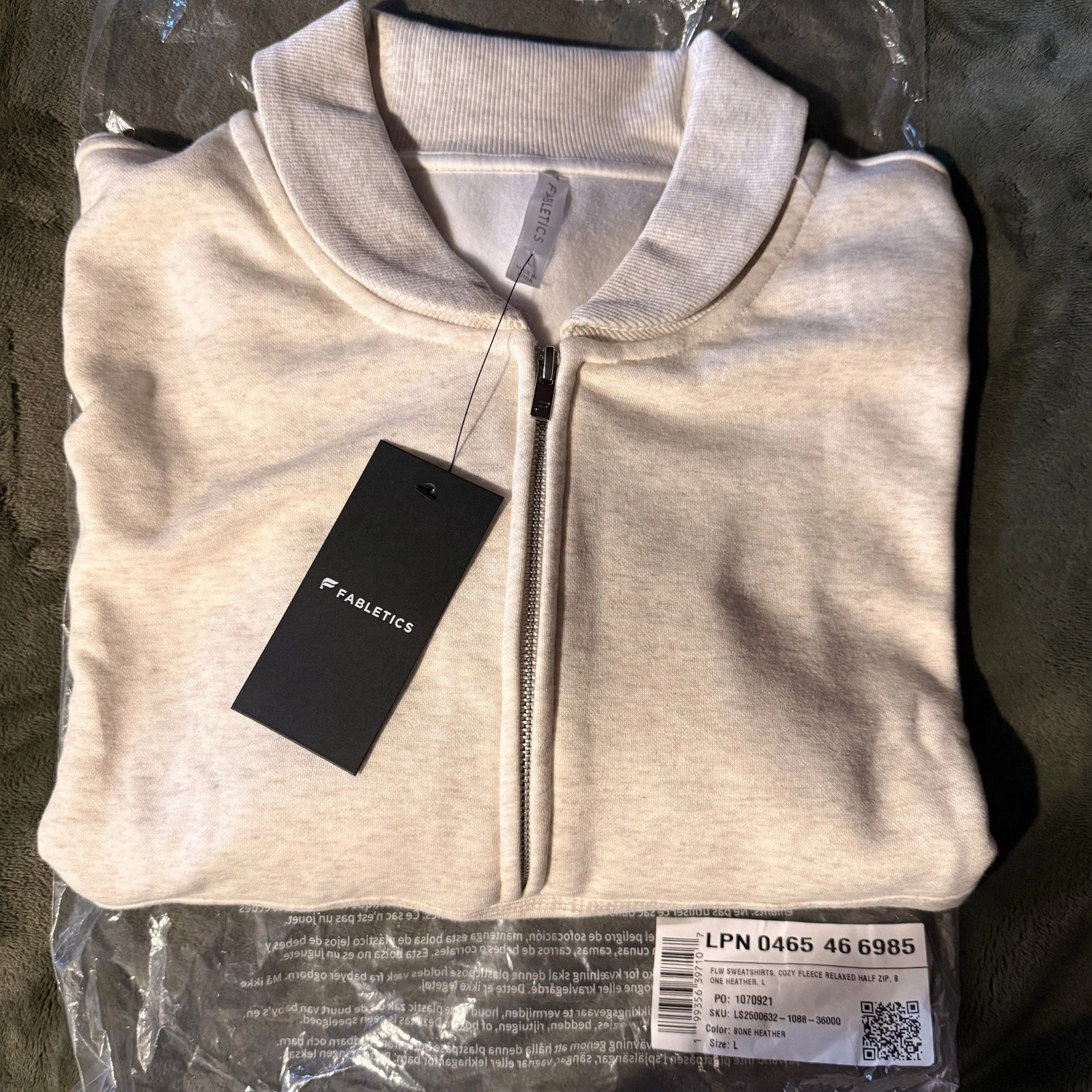 NWT FABLETICS Cozy Fleece Half Zip Sweater Bone Heather Sz L Large