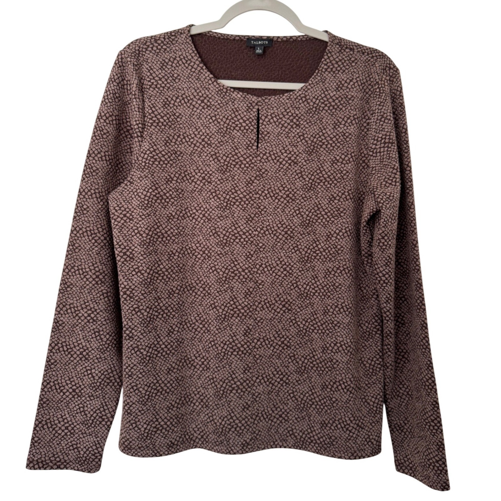 Talbots Women’s Long Sleeve Top Brown Print Keyhole Neck Size Large