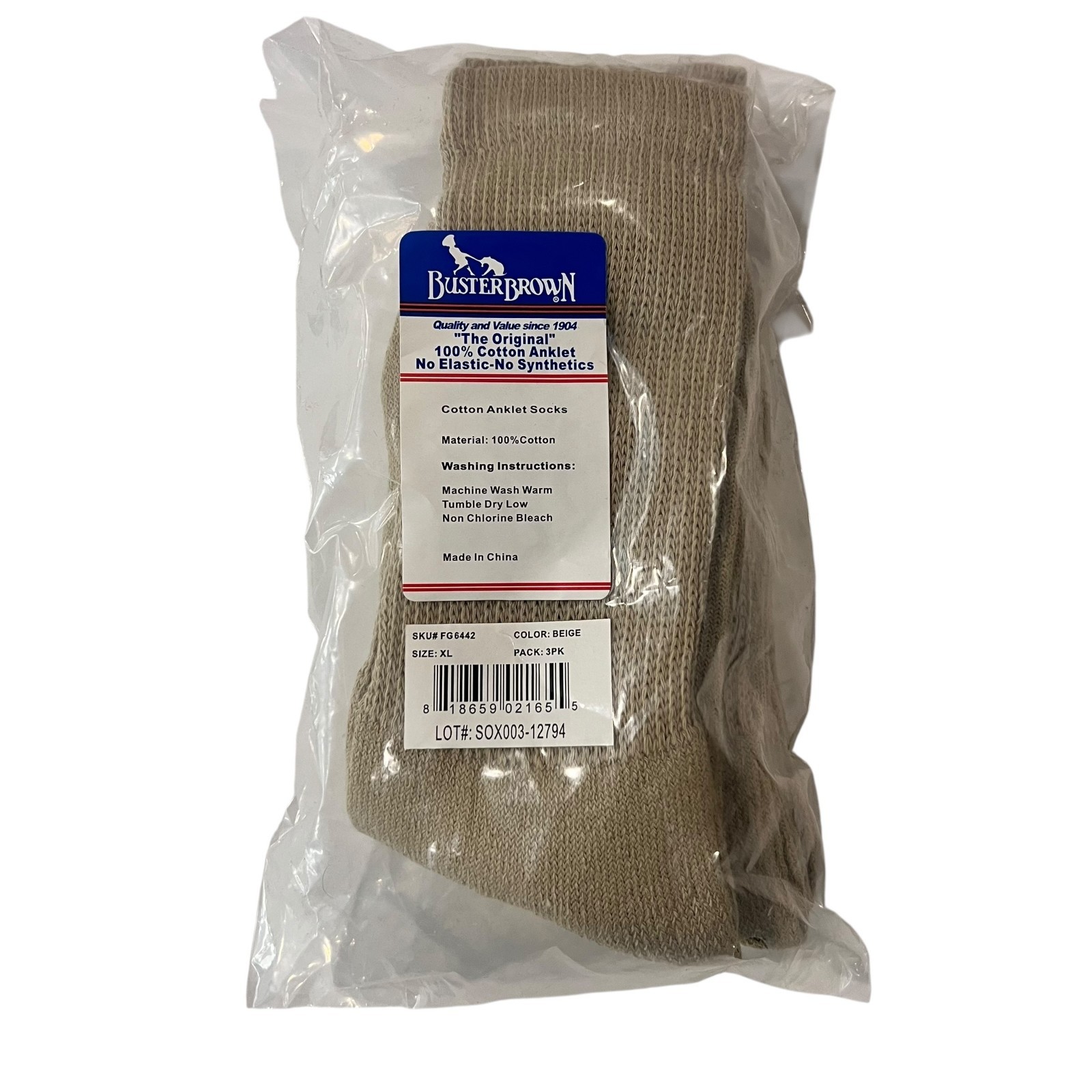 Buster Brown 100% Cotton Anklet Socks 3 Pairs Beige No Elastic Sz XL