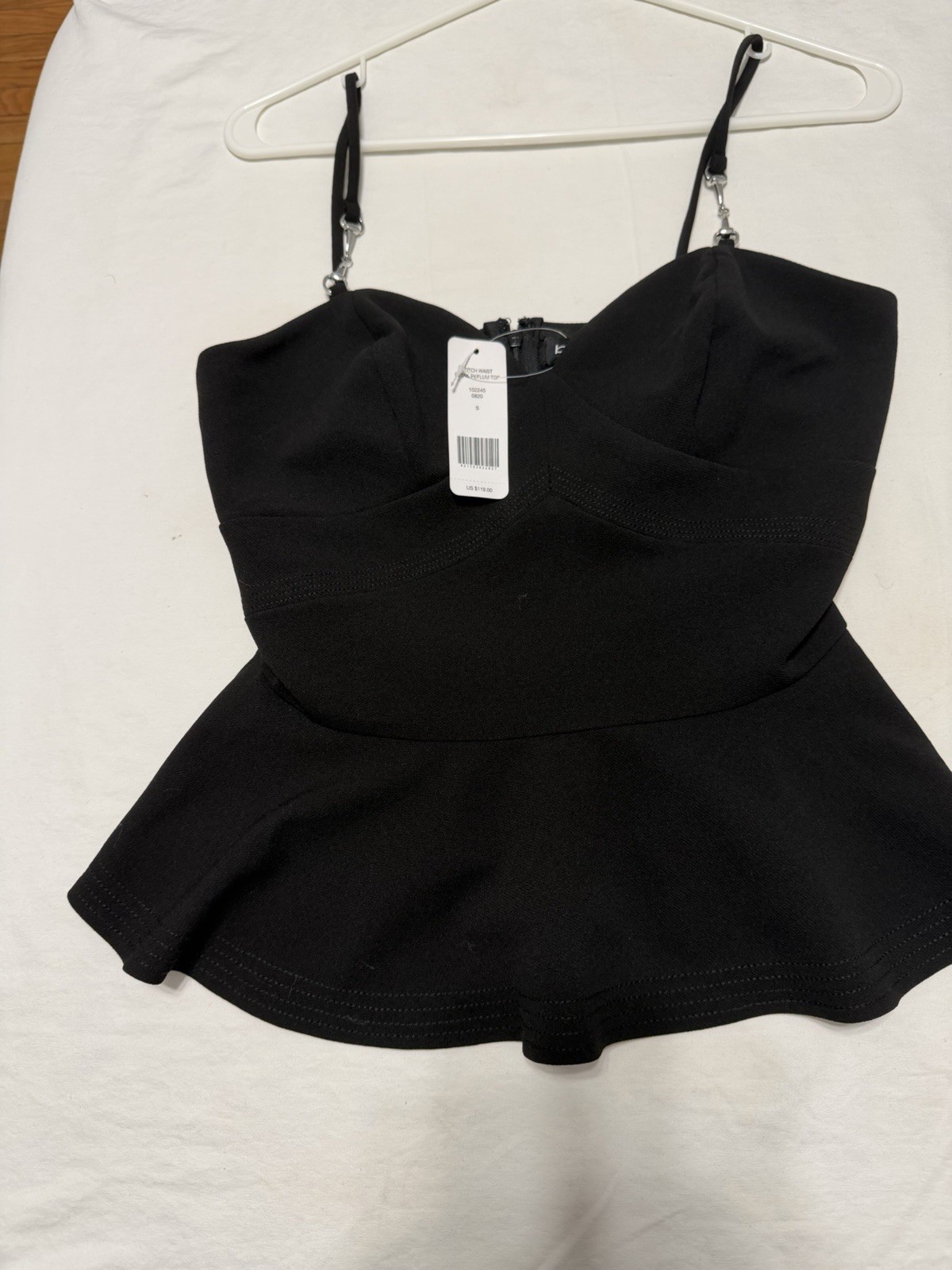 bebe Black Sweetheart Neck Spaghetti Strap Peplum Blouse Zip Accent Size S