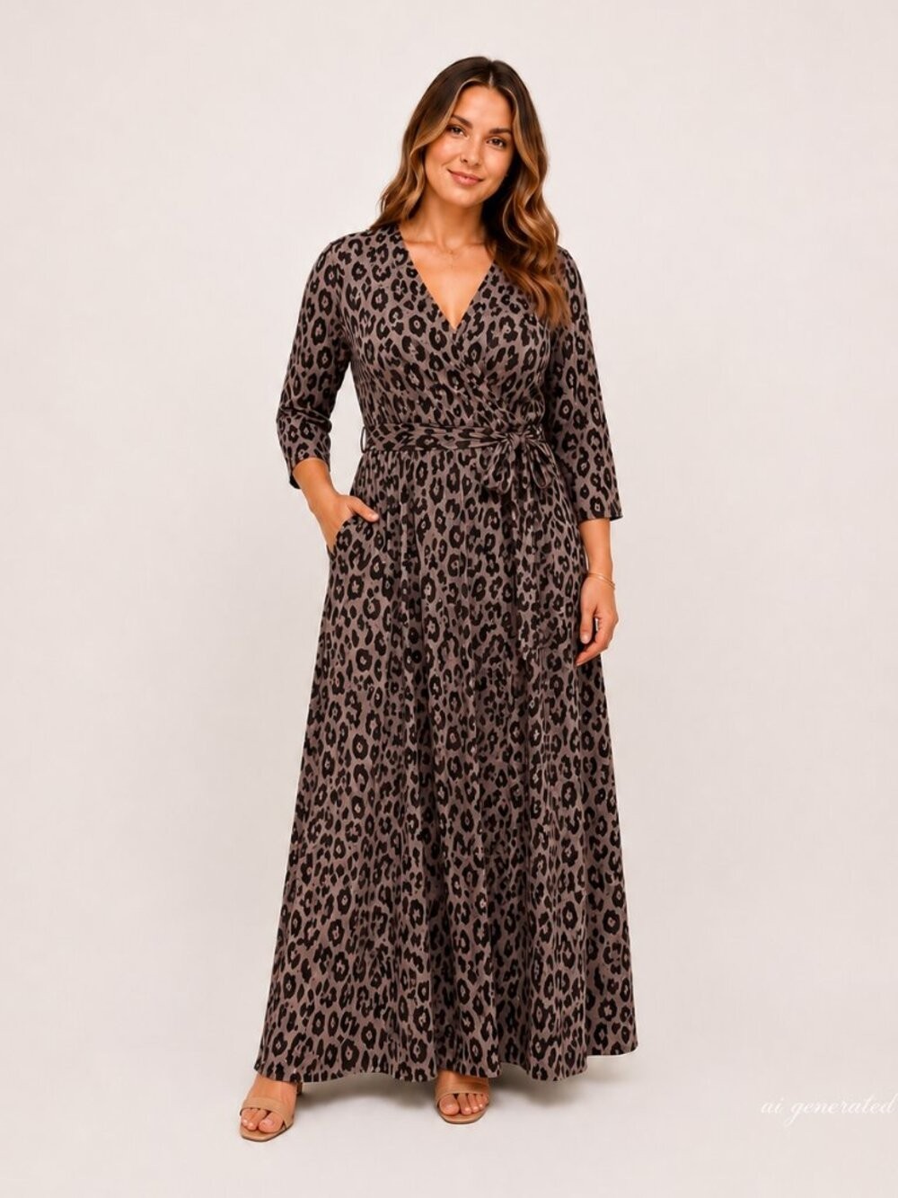 Women’s Leopard Print Faux Wrap Maxi Dress 3/4 Sleeve Belted Pockets Size Large