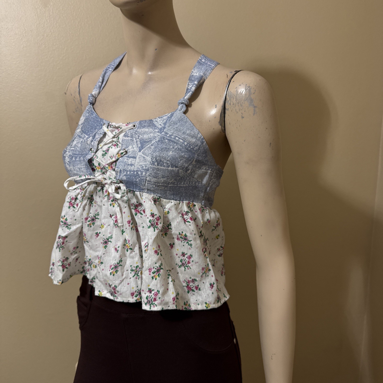 Women’s White Blue Floral Polyester Summer Open Slim Lacing Size S Blouse Top