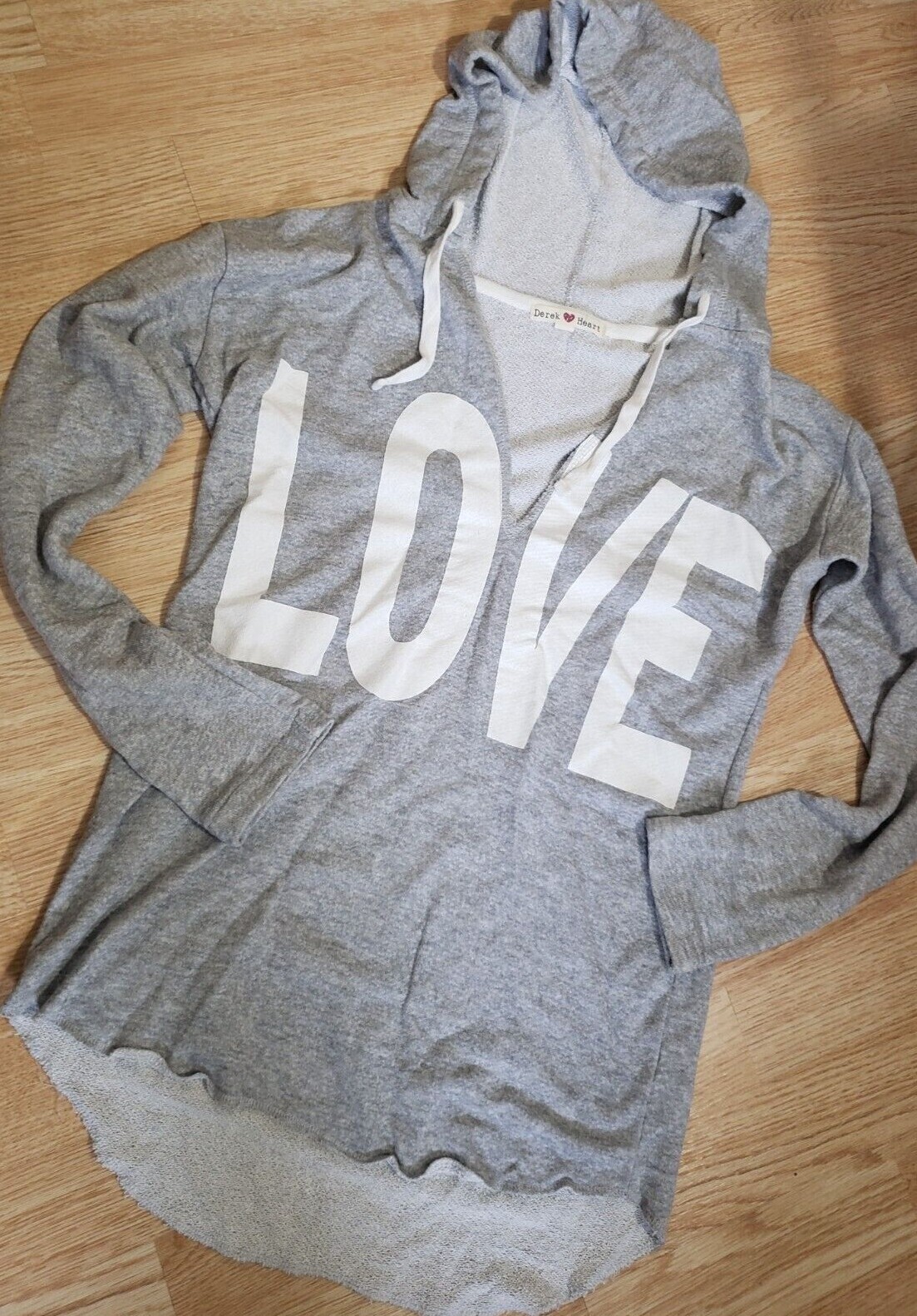Women size S gray spell out LOVE graphic thermal hooded distressed sweatshirt