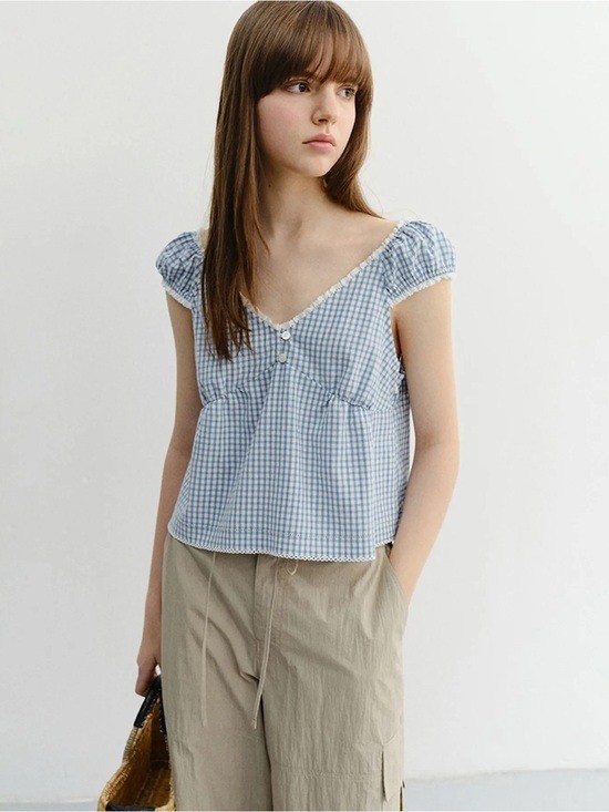 NWT Dunst Milkmaid Gingham 2-Way Shoulder Puff Sleeve Top Sz Small