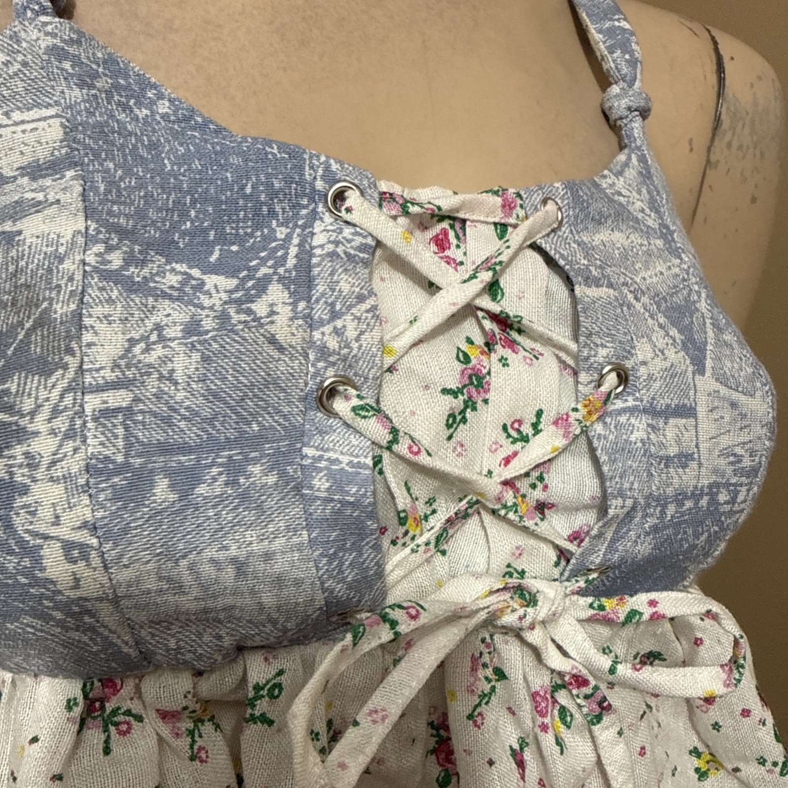 Women’s White Blue Floral Polyester Summer Open Slim Lacing Size S Blouse Top