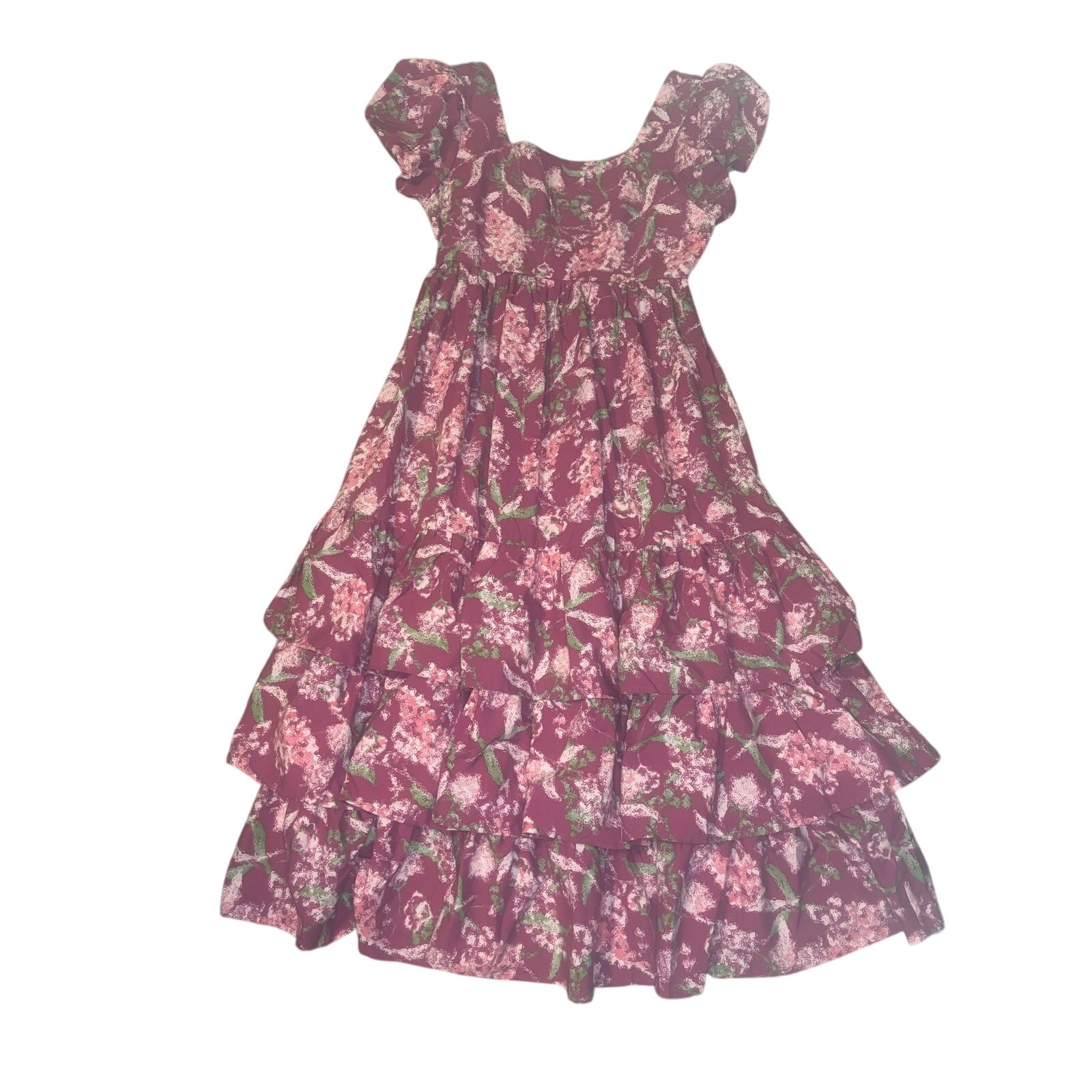 Entro Pink Floral 3 tier Size Size Midi Puff Sleeve Dress Wedding Resort Guest