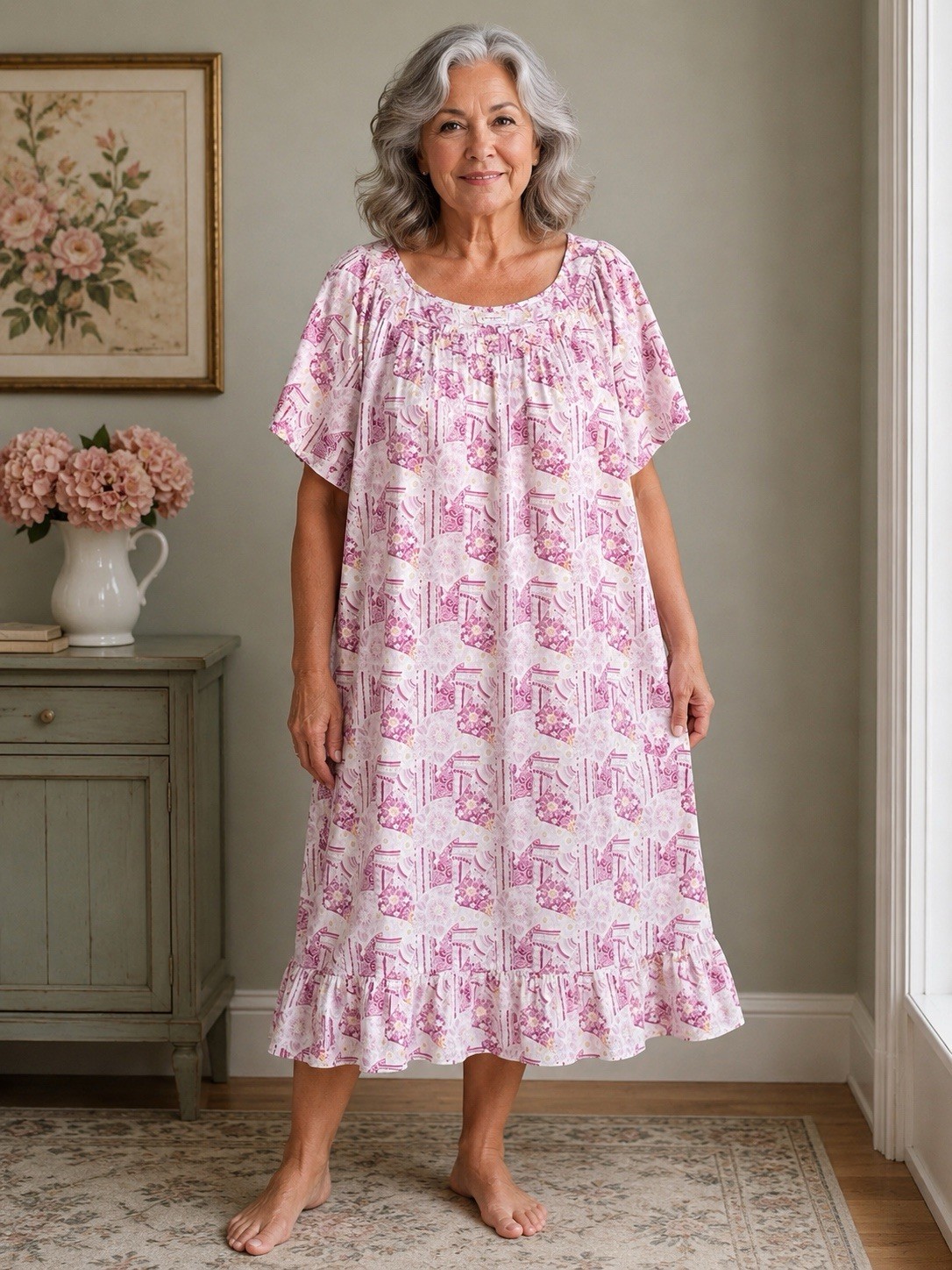 CW Classics House Dress Women’s Plus Size 3X Pink Floral Paisley Lounge Caftan