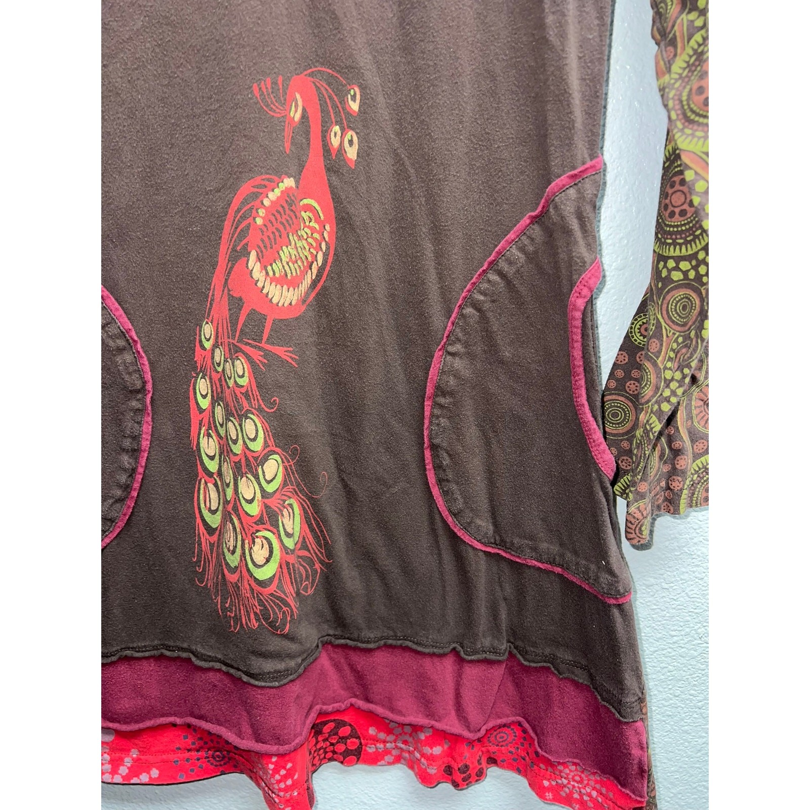 Womens Lunieva Dress Top Peacock Graphic Boho Bohemian Artistic Nepal Made Large