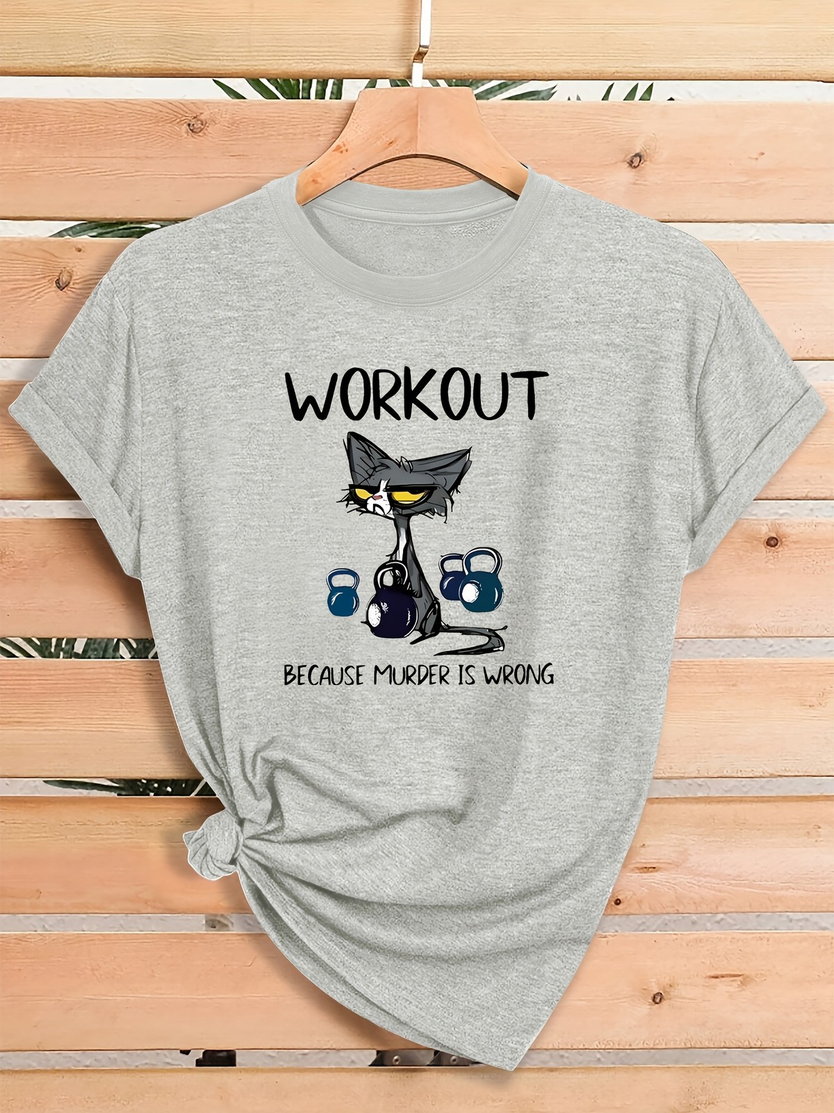 Women Funny Cat Kettlebell Graphic T-Shirt Gym Workout Lover Casual Tee Top
