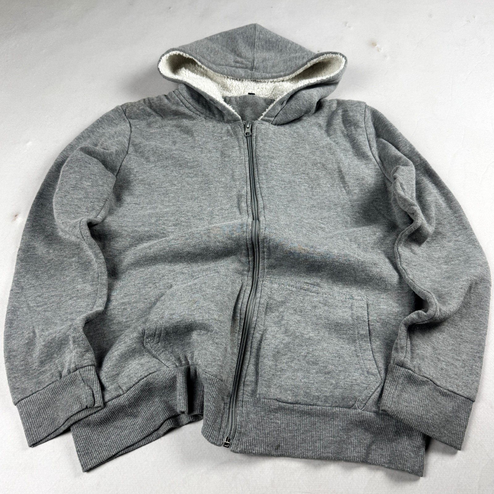 Womens Vintage Sherpa Lined Full Zip Hoodie Gray Fleece Casual Sweatshirt Y2K