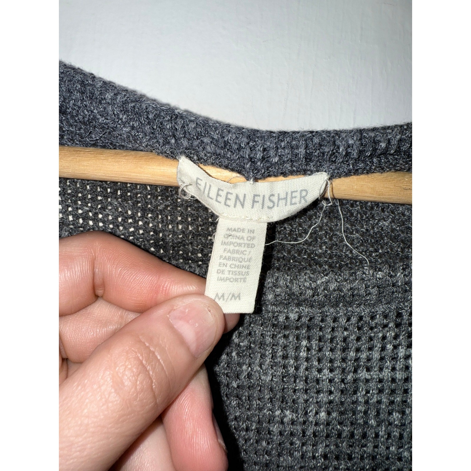 EILEEN FISHER gray open knit 100% cotton cropped pocket casual top blouse sz M