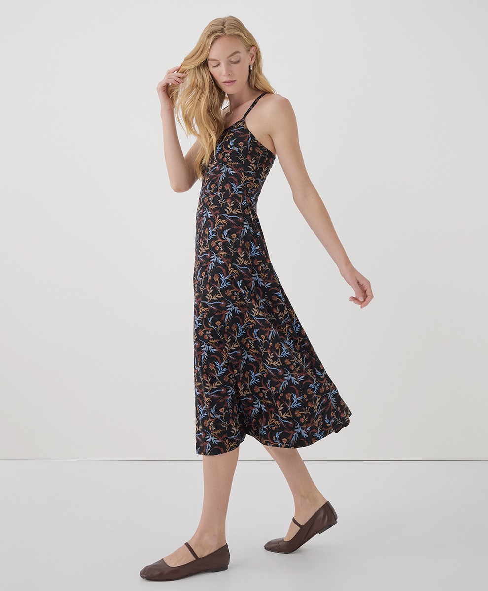Pact Women’s Fit & Flare Midi Dress Medium Short Whimsy Floral Black