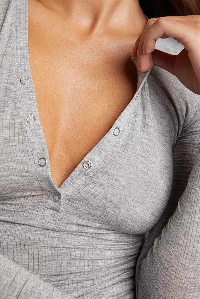 Negative underwear Womens Whipped Henley Long Sleeve Top- Grey – Choose Size