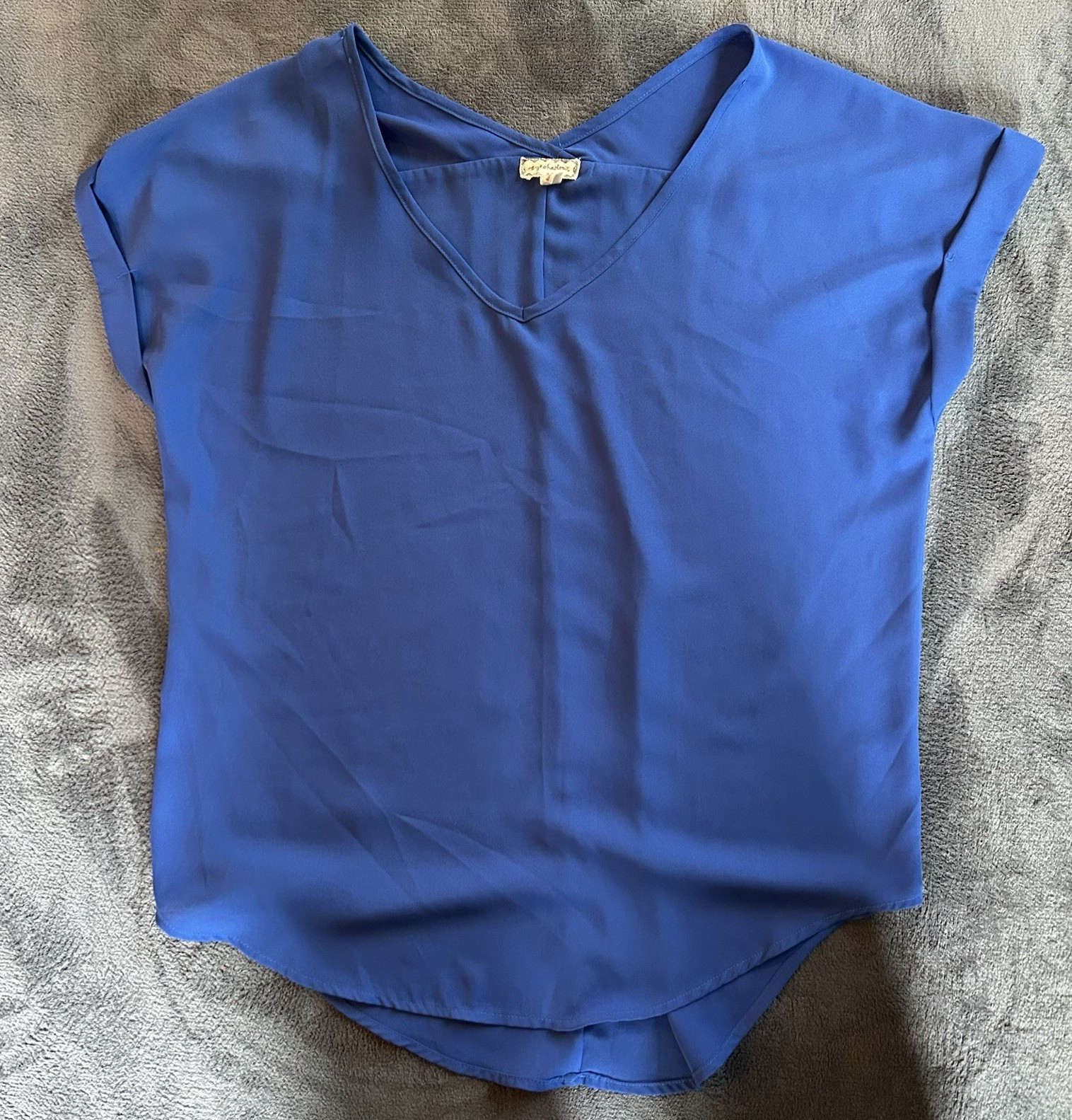 Blue Solid Polyester Chiffon V-Neck Cap Sleeve Blouse Top M