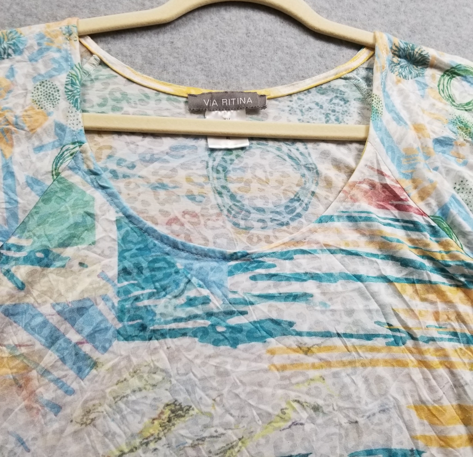 Via Ritina Top Womens Extra Large XL All Over Print ¾ Sleeve Stretch Burnout Tee