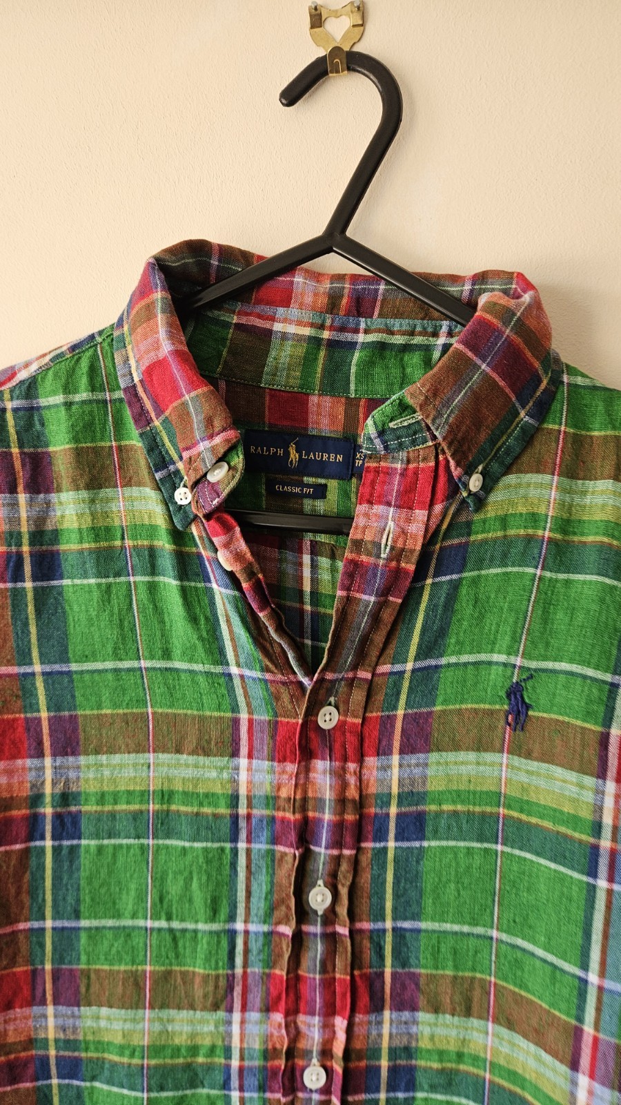 Polo Ralph Lauren Women’s XS Classic Fit 100% Linen Plaid Shirt Green 17×26